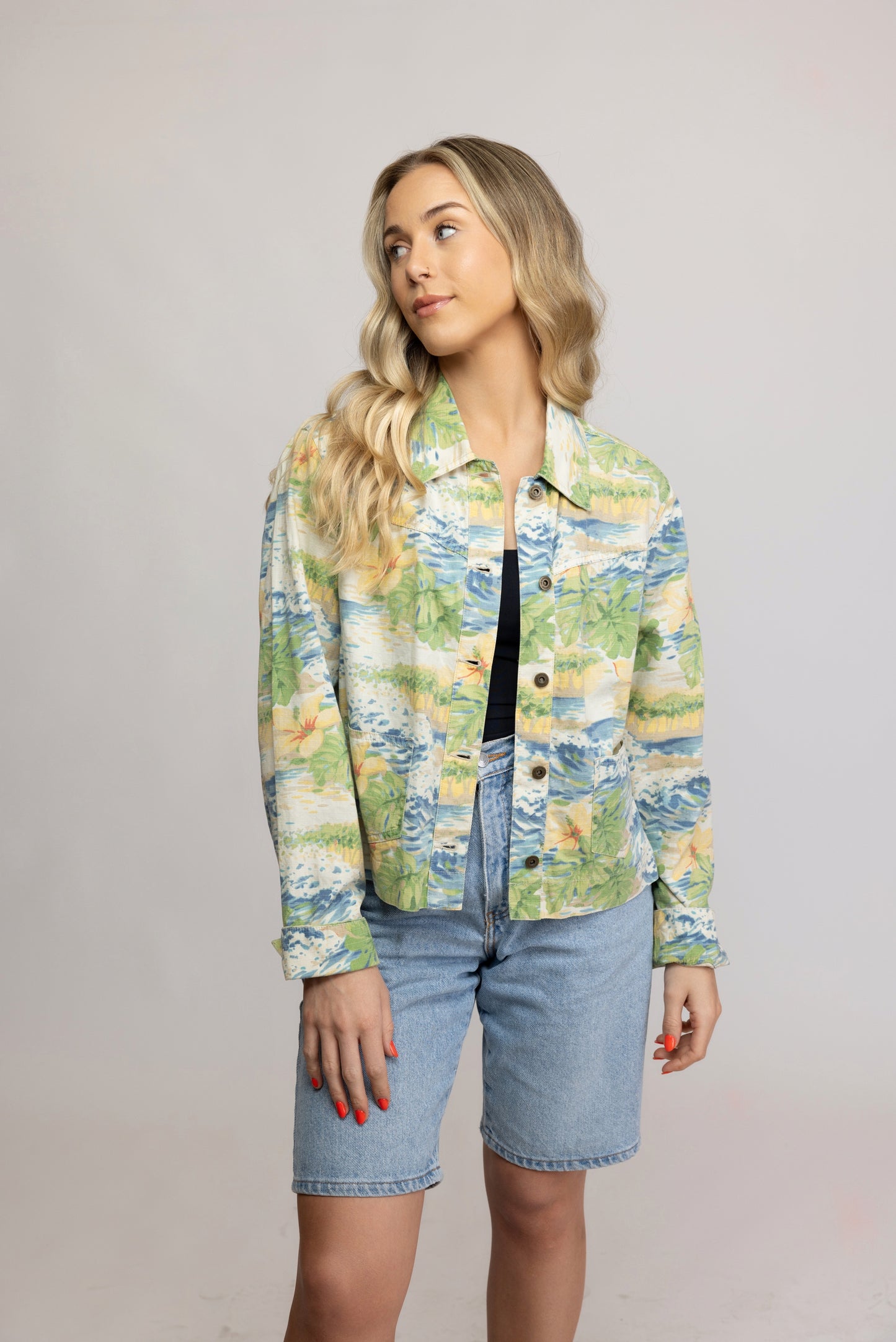 80's Hawaiian Print Denim Jacket M