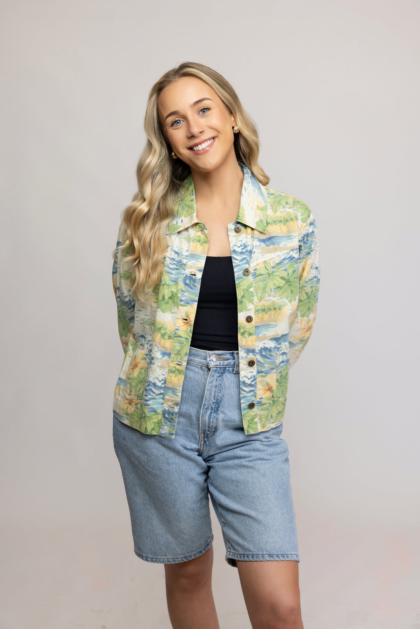 80's Hawaiian Print Denim Jacket M
