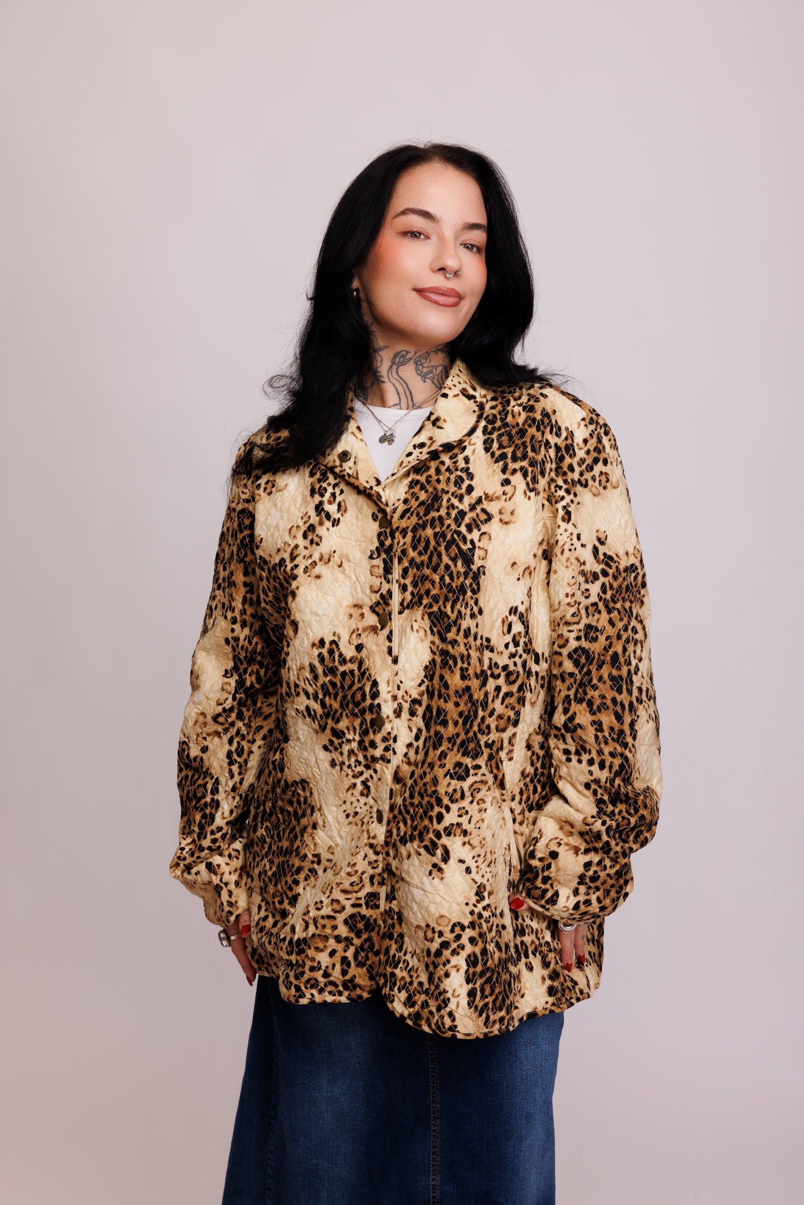 90's Quilted Leopard Jacket L