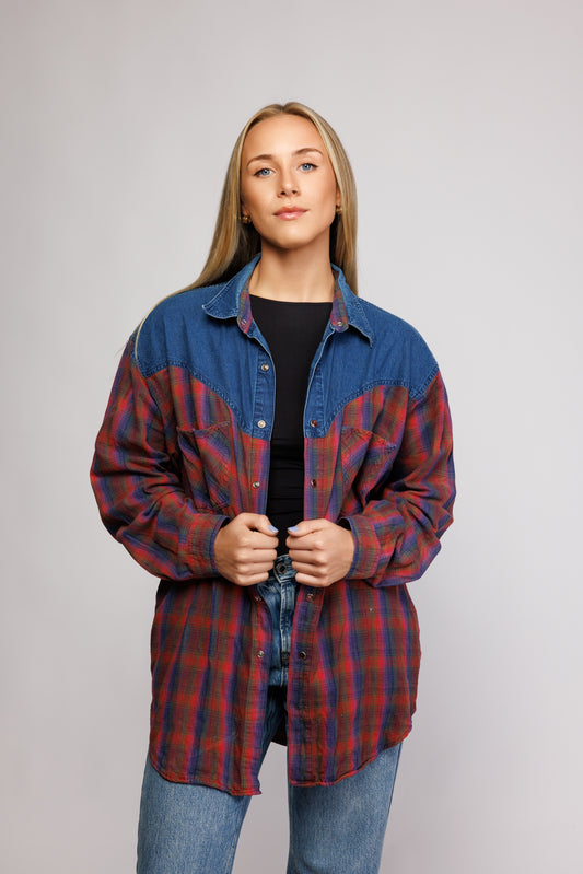 90's Two Tone Flannel & Denim Shirt M/L