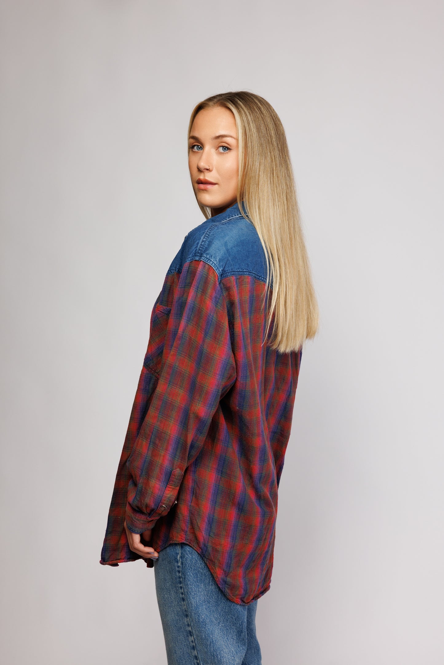 90's Two Tone Flannel & Denim Shirt M/L