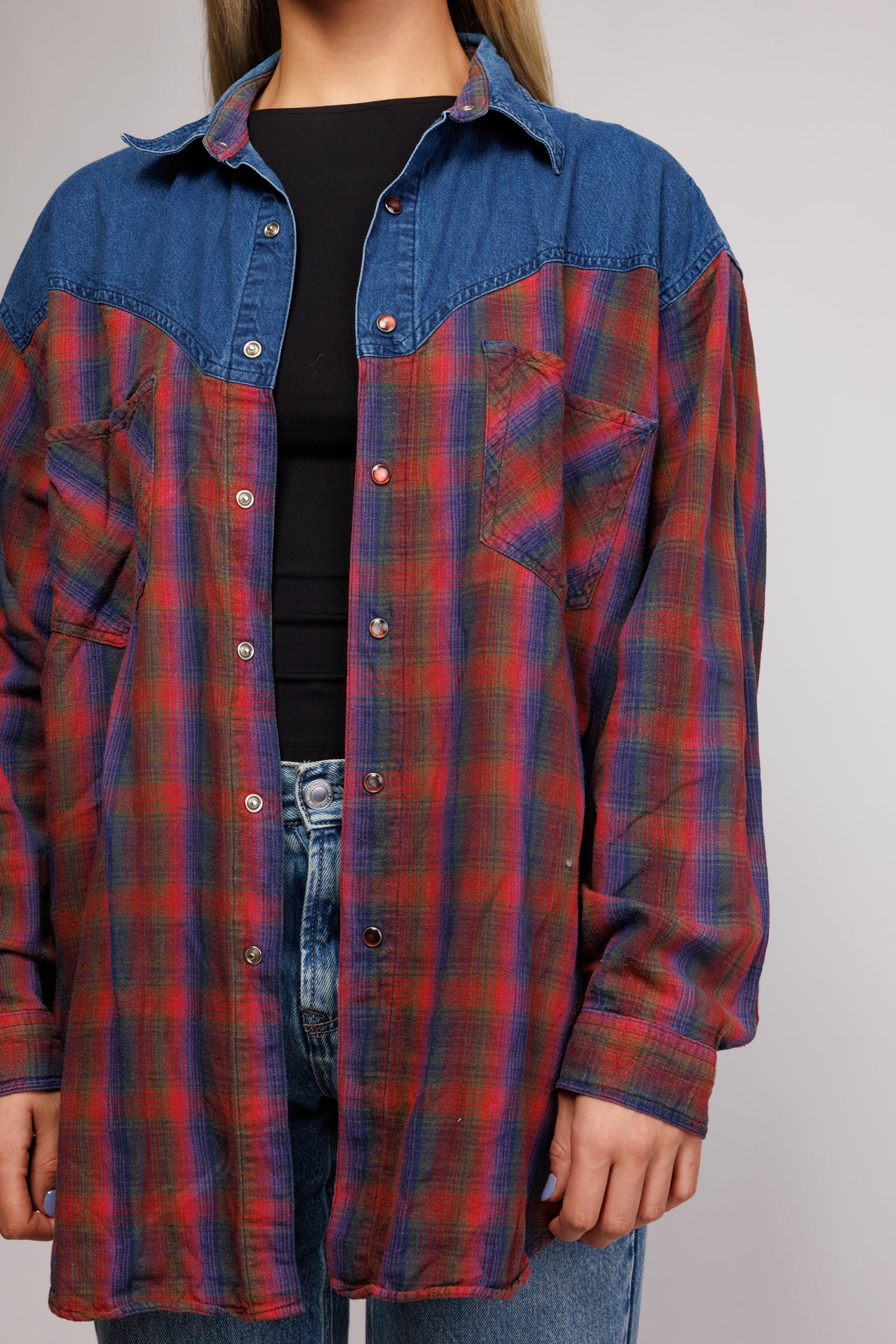 90's Two Tone Flannel & Denim Shirt M/L