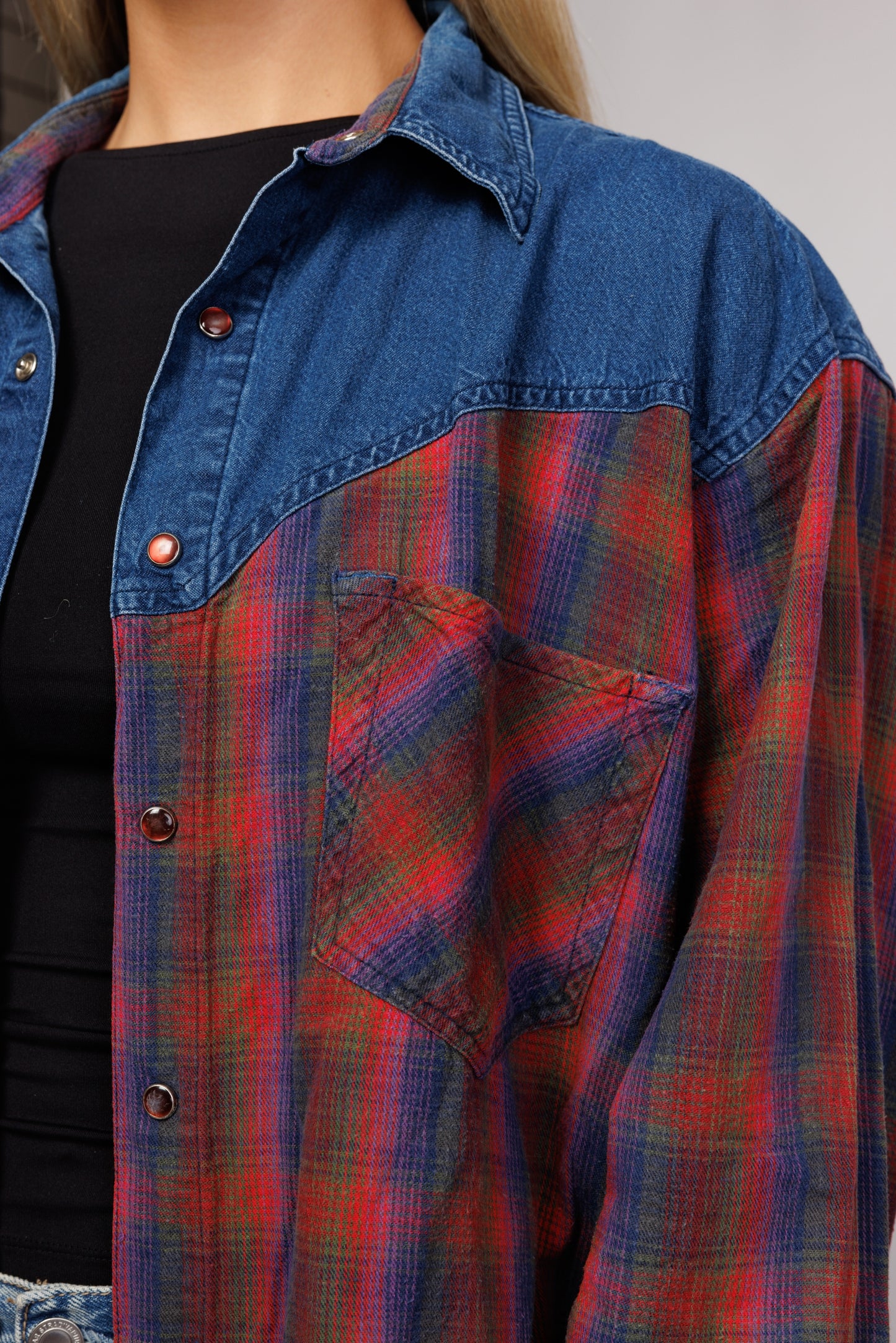 90's Two Tone Flannel & Denim Shirt M/L