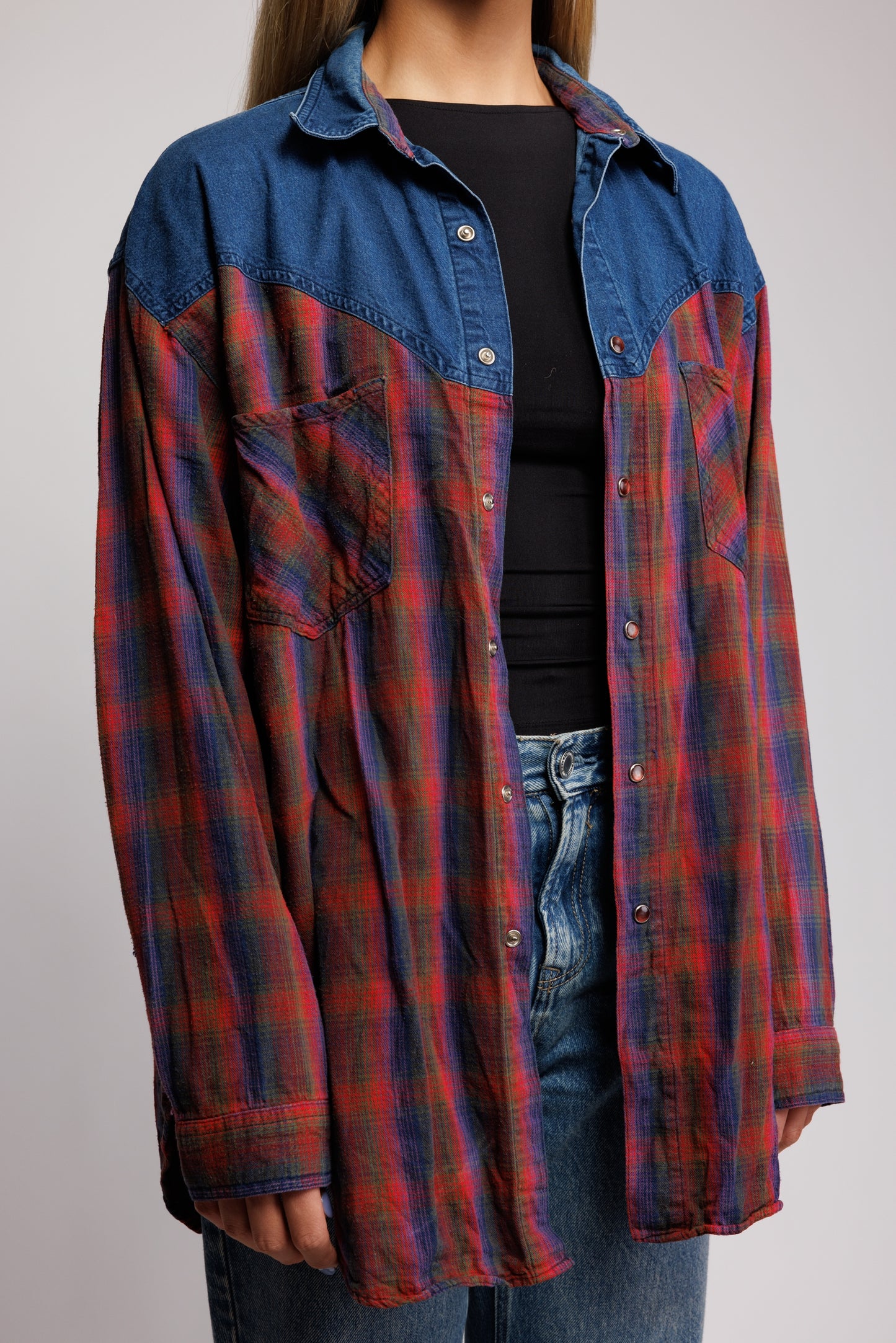 90's Two Tone Flannel & Denim Shirt M/L