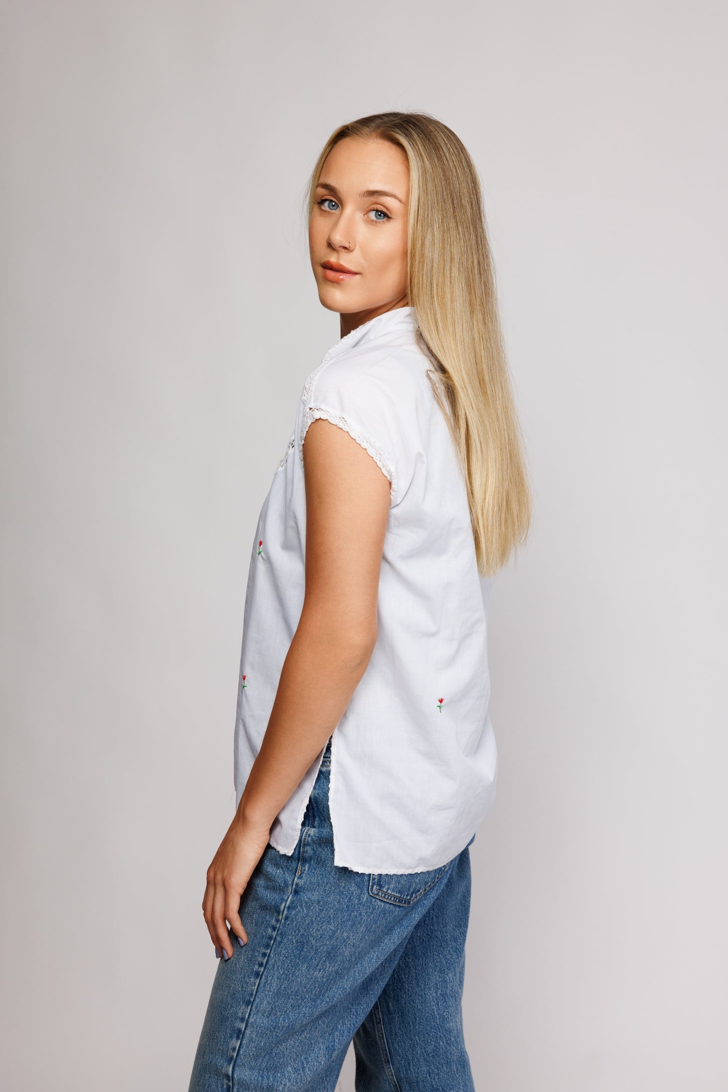 70's Prarie Embroidered Blouse S/M