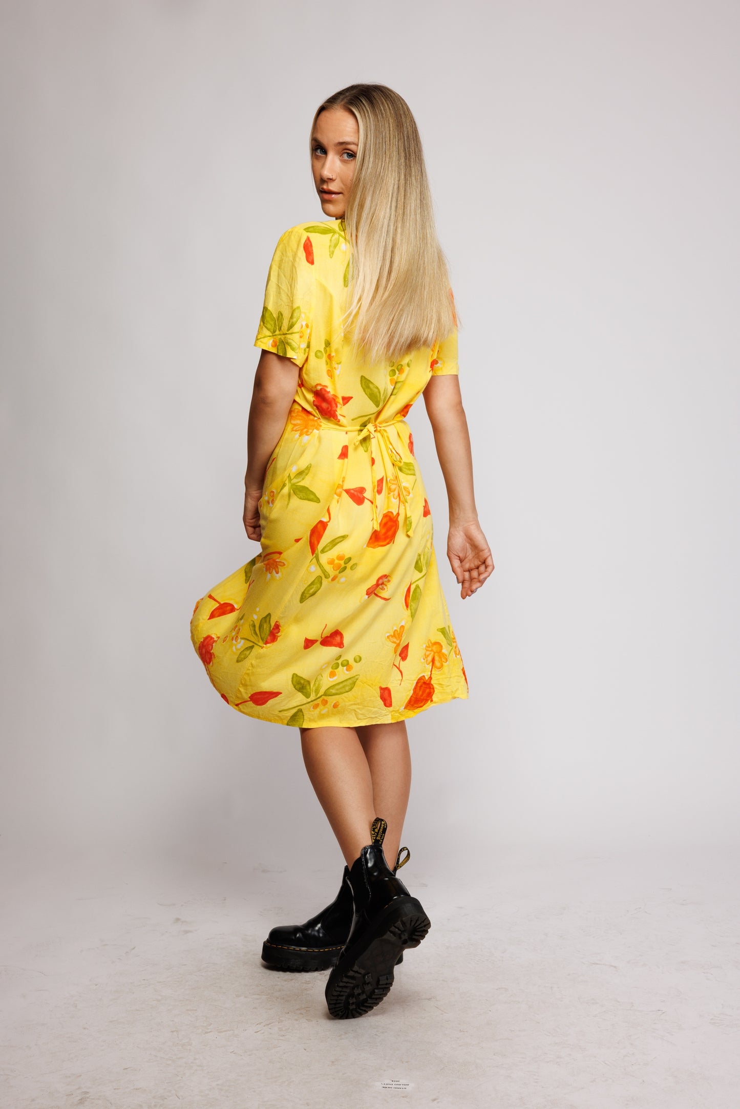 1980's Midi Floral Yellow Dress M