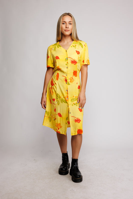1980's Midi Floral Yellow Dress M