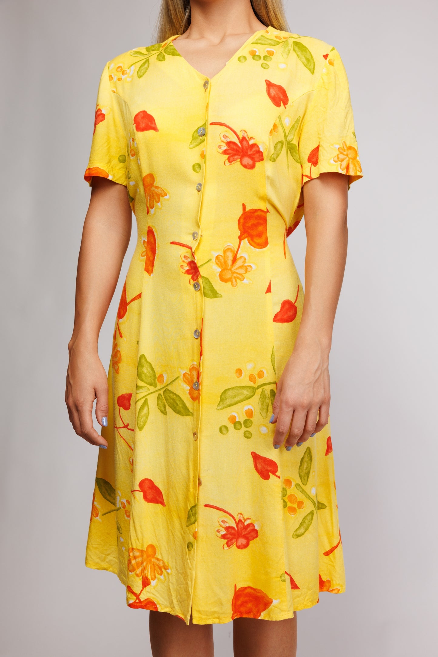 1980's Midi Floral Yellow Dress M