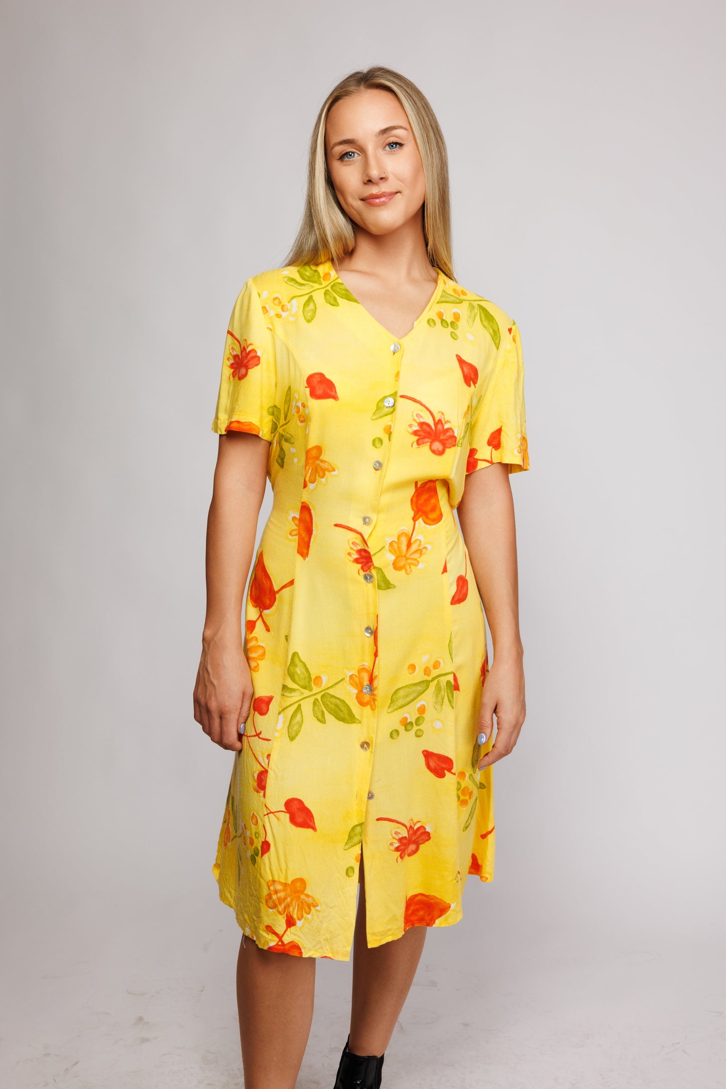 1980's Midi Floral Yellow Dress M