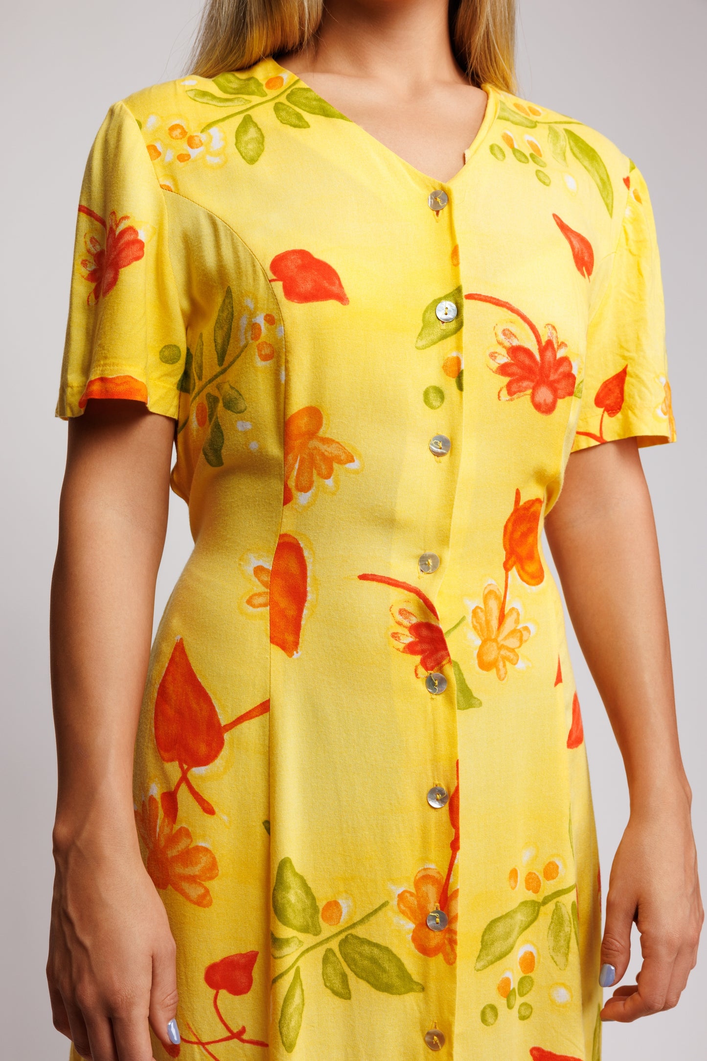1980's Midi Floral Yellow Dress M