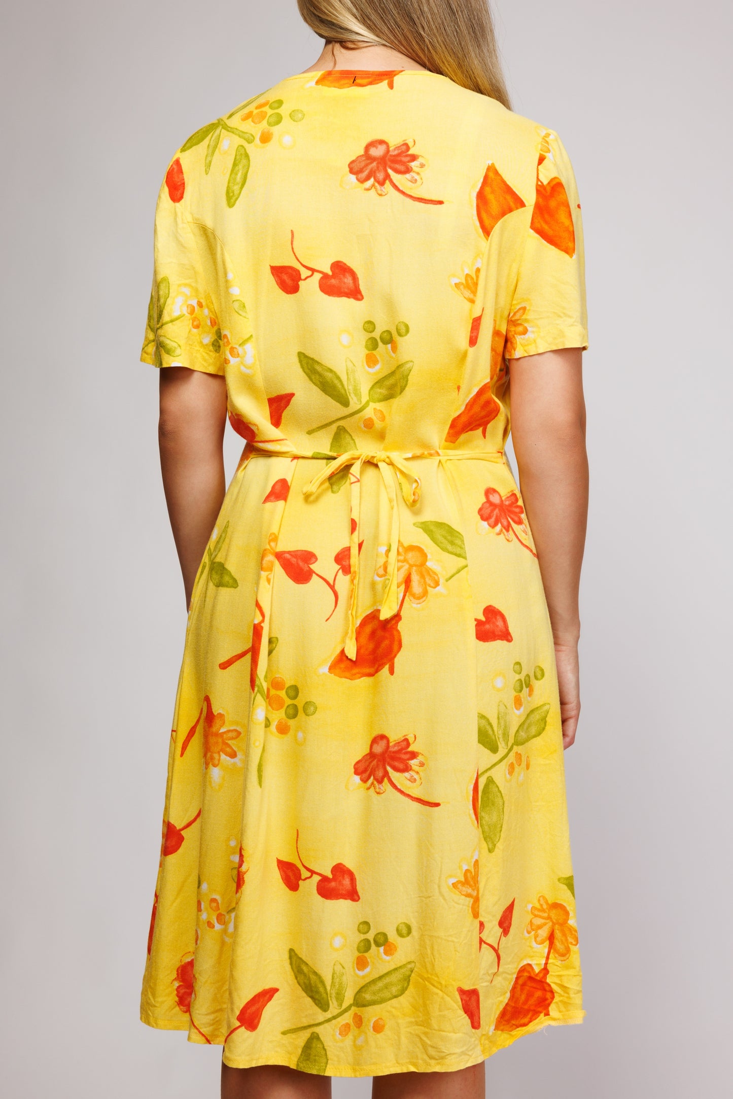 1980's Midi Floral Yellow Dress M