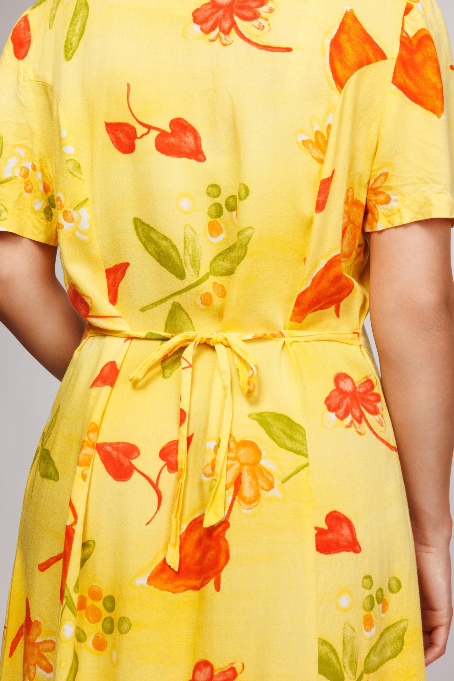1980's Midi Floral Yellow Dress M