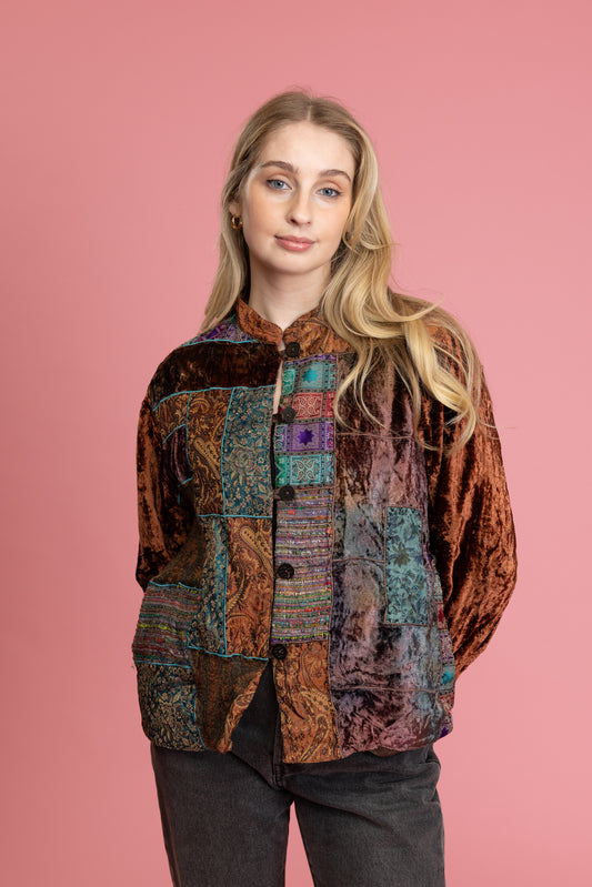 1970's Earth Tone Velvet Patchwork Jacket M/L
