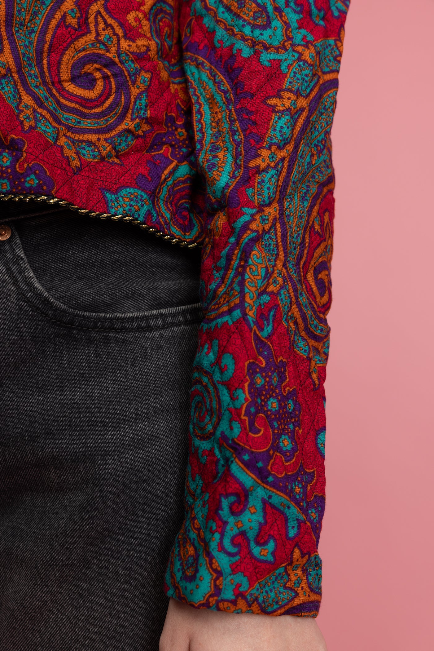 80's Cropped Jewel Toned Paisley Quilted Jacket M