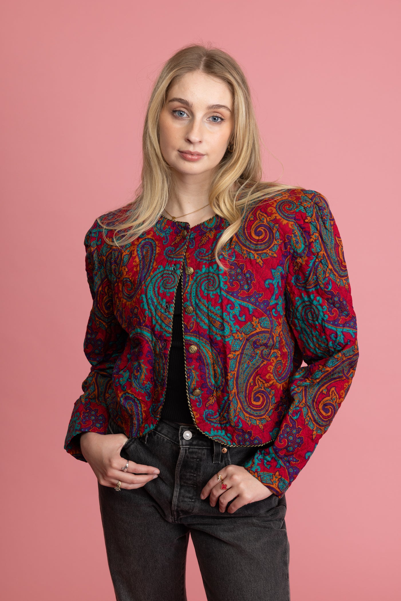 80's Cropped Jewel Toned Paisley Quilted Jacket M