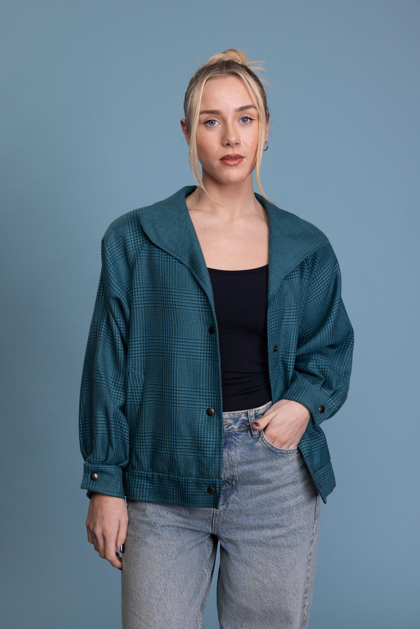 80's Teal Houndstooth Boxy Jacket M
