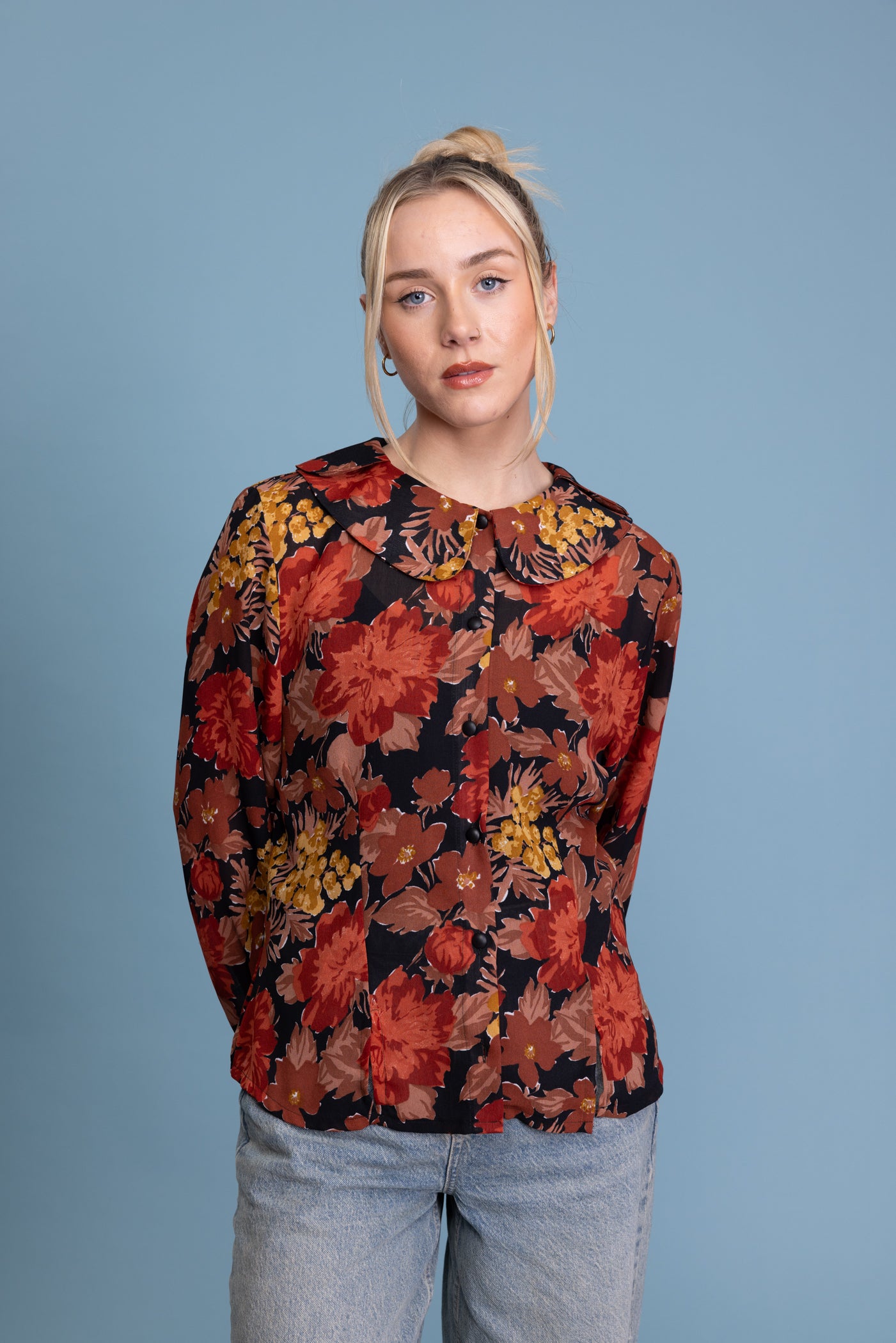 90's Floral Peter Pan Collared Sheer Shirt S/M