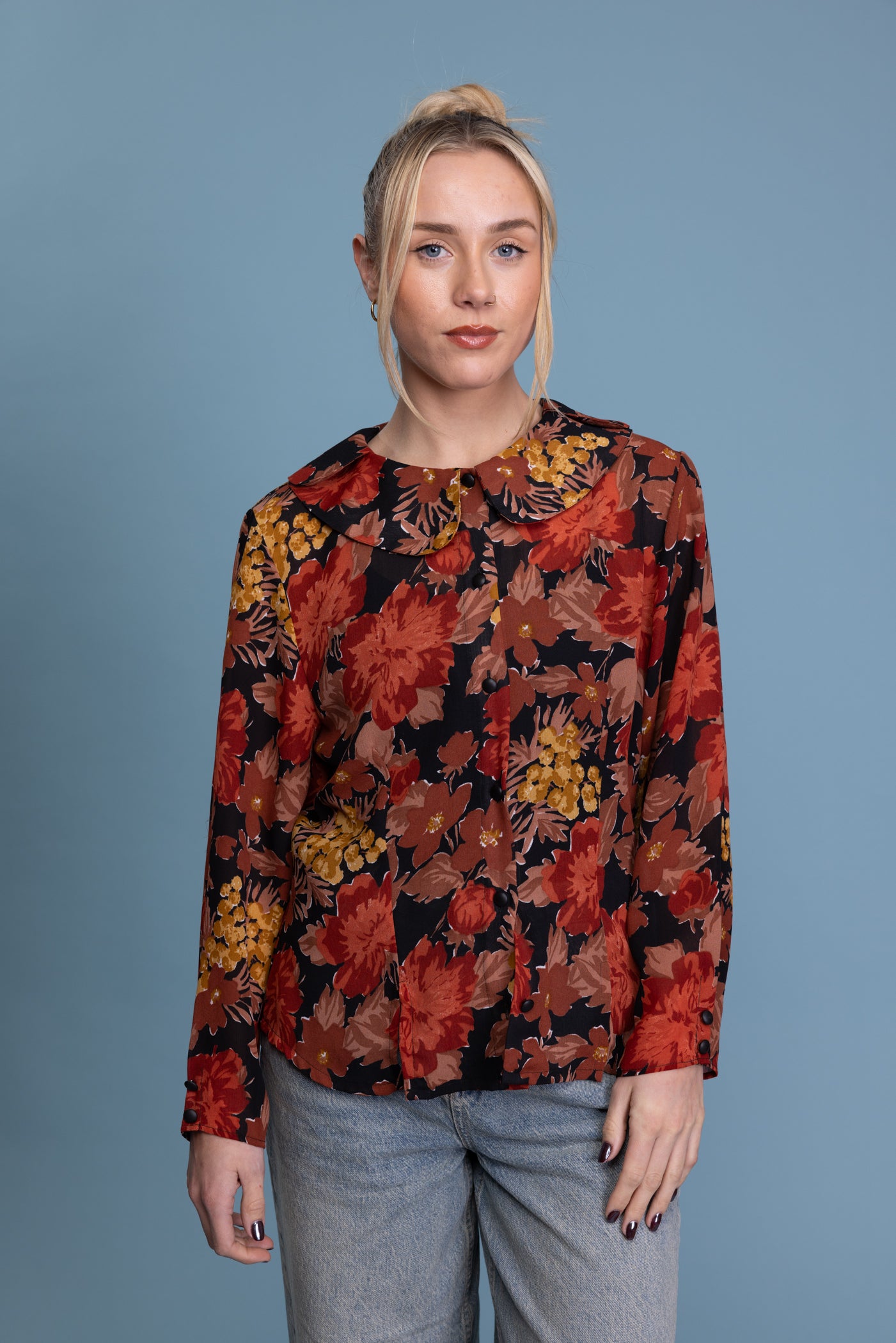 90's Floral Peter Pan Collared Sheer Shirt S/M