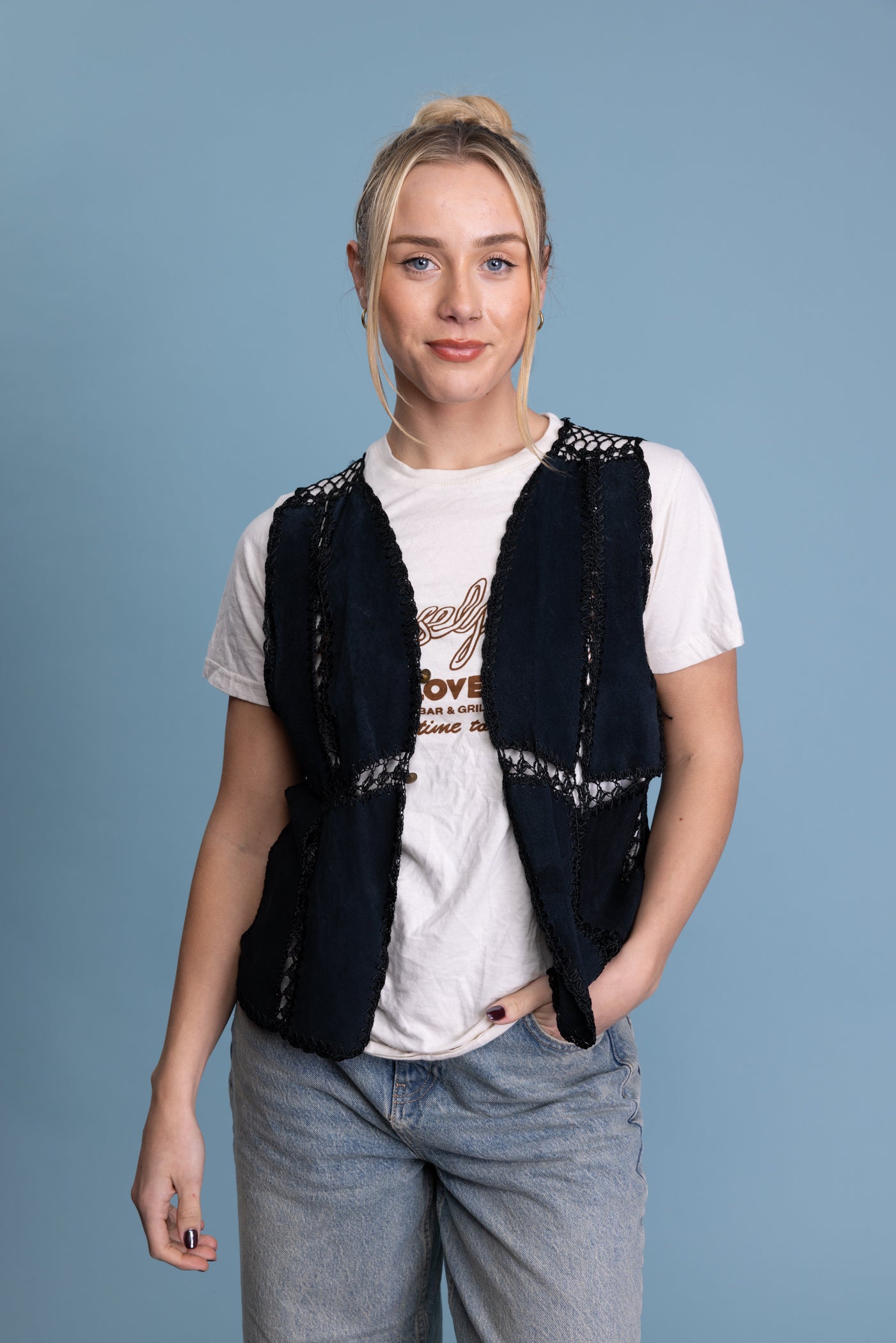 70's Suede Crochet Waistcoat S/M