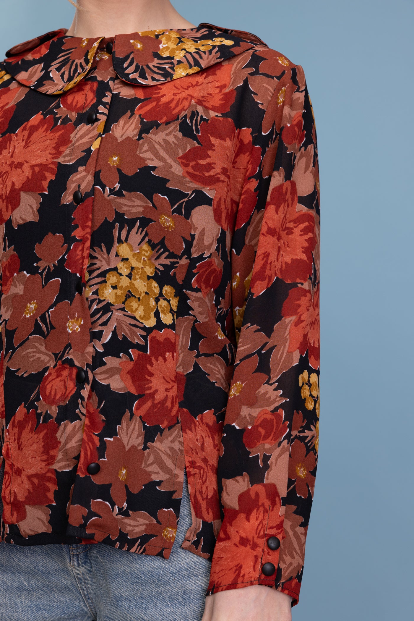 90's Floral Peter Pan Collared Sheer Shirt S/M