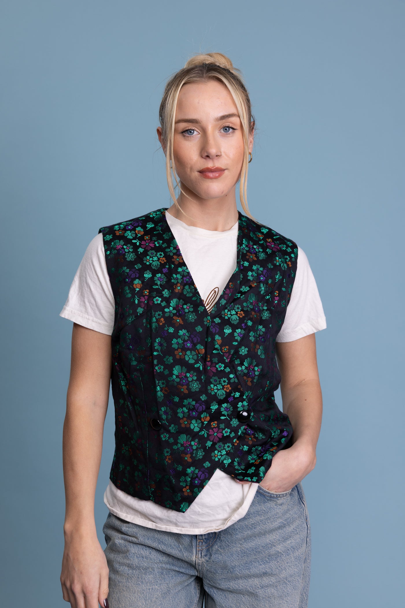 80's Iridescent Floral Waistcoat M