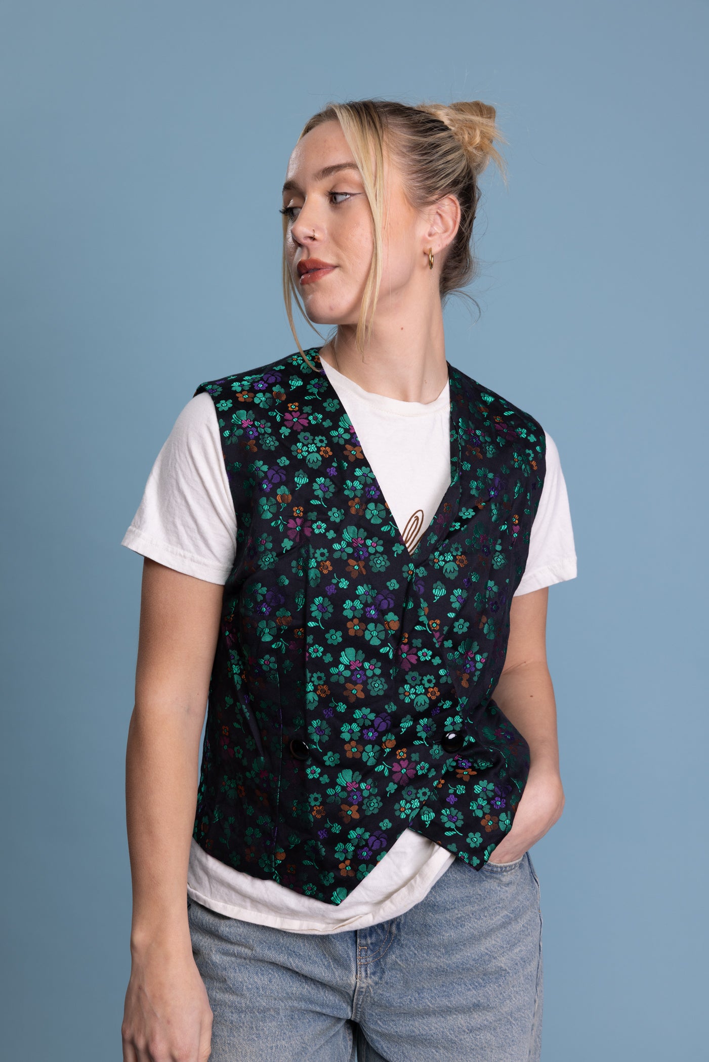 80's Iridescent Floral Waistcoat M