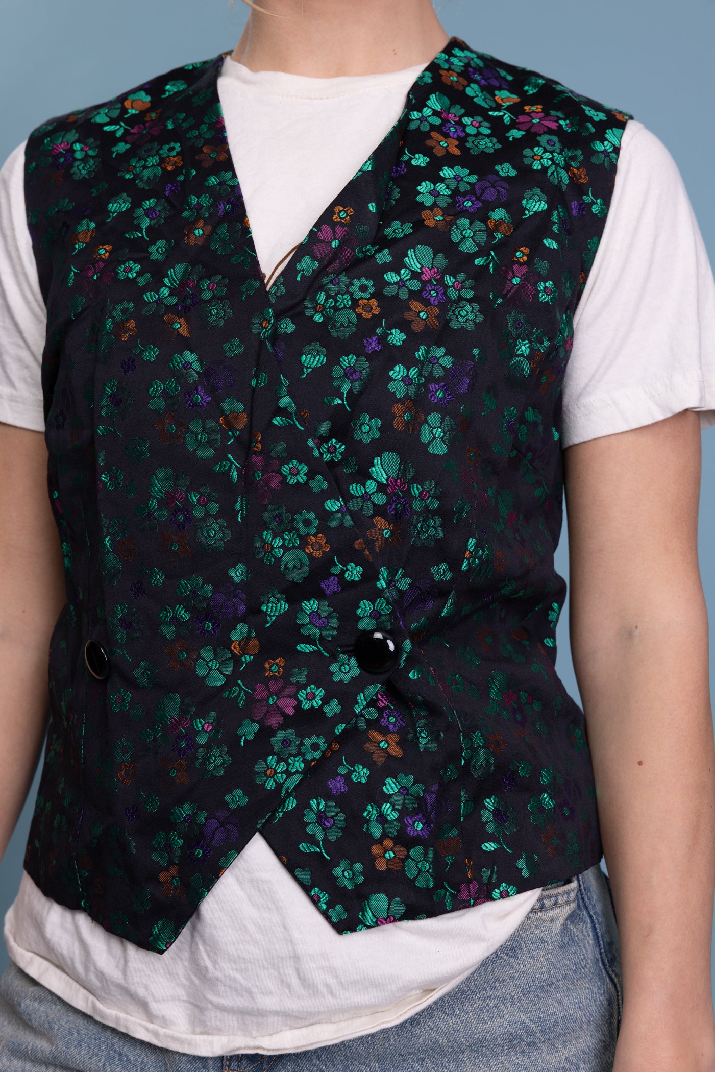 80's Iridescent Floral Waistcoat M