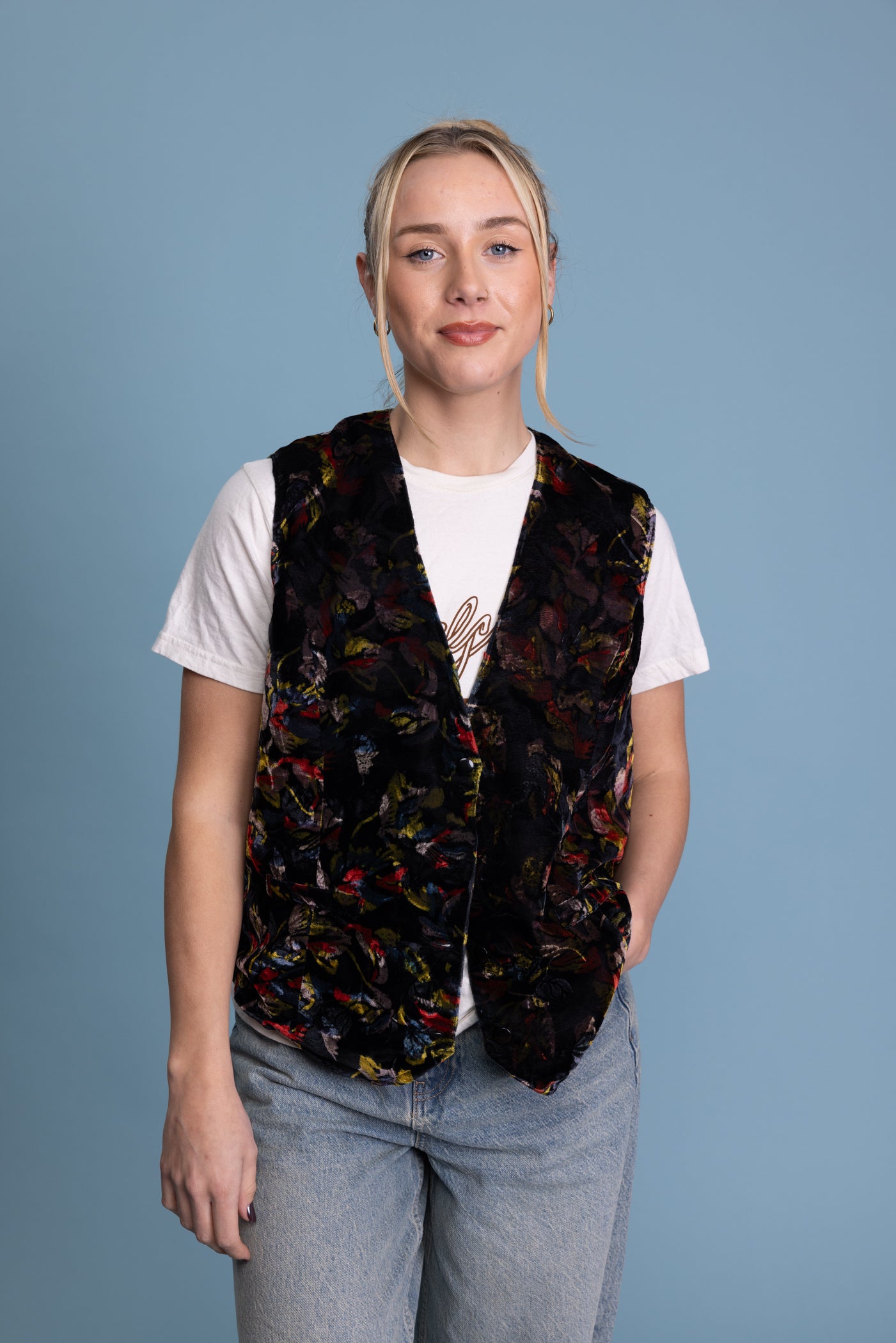 70's Velvet Floral Waistcoat M