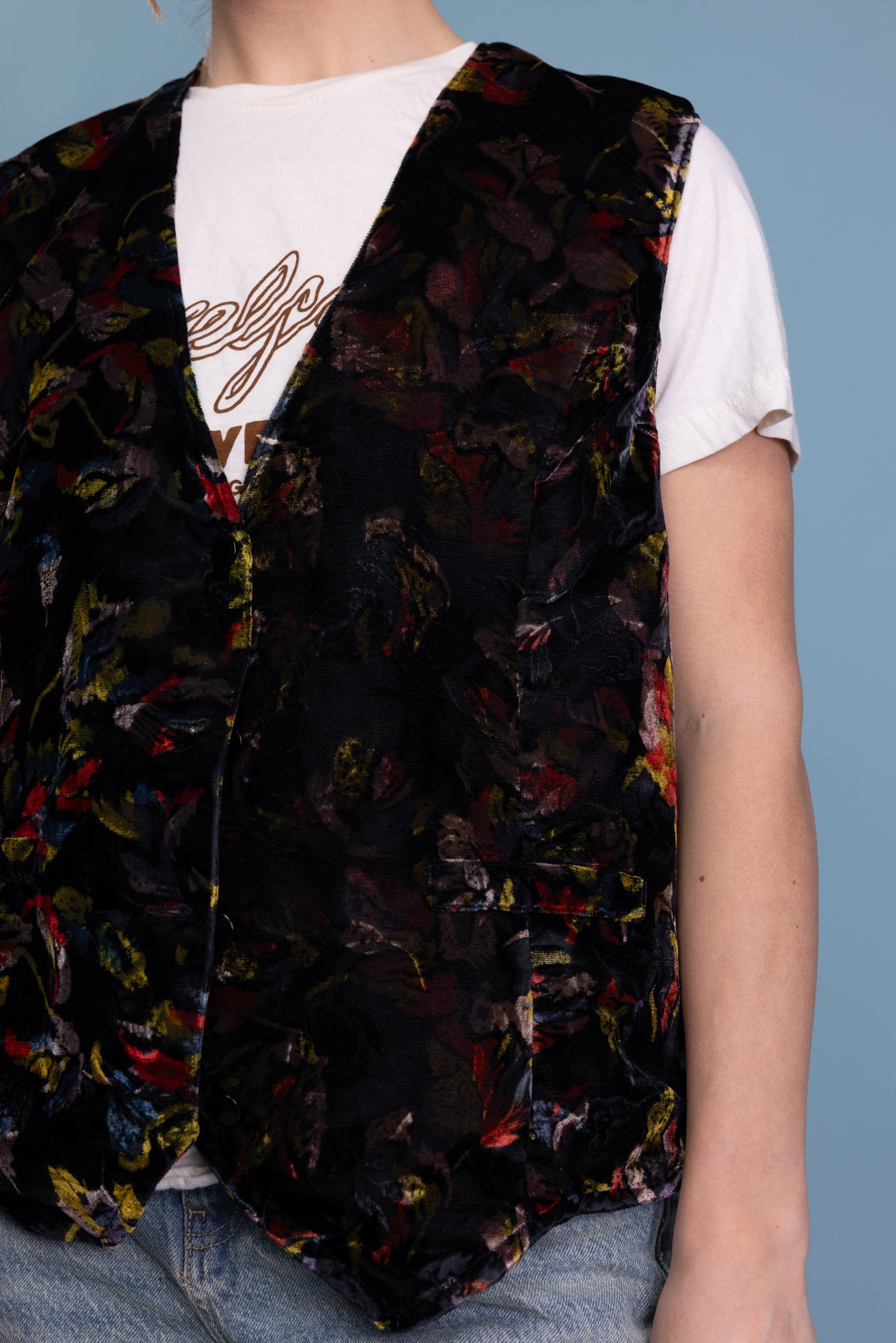 70's Velvet Floral Waistcoat M