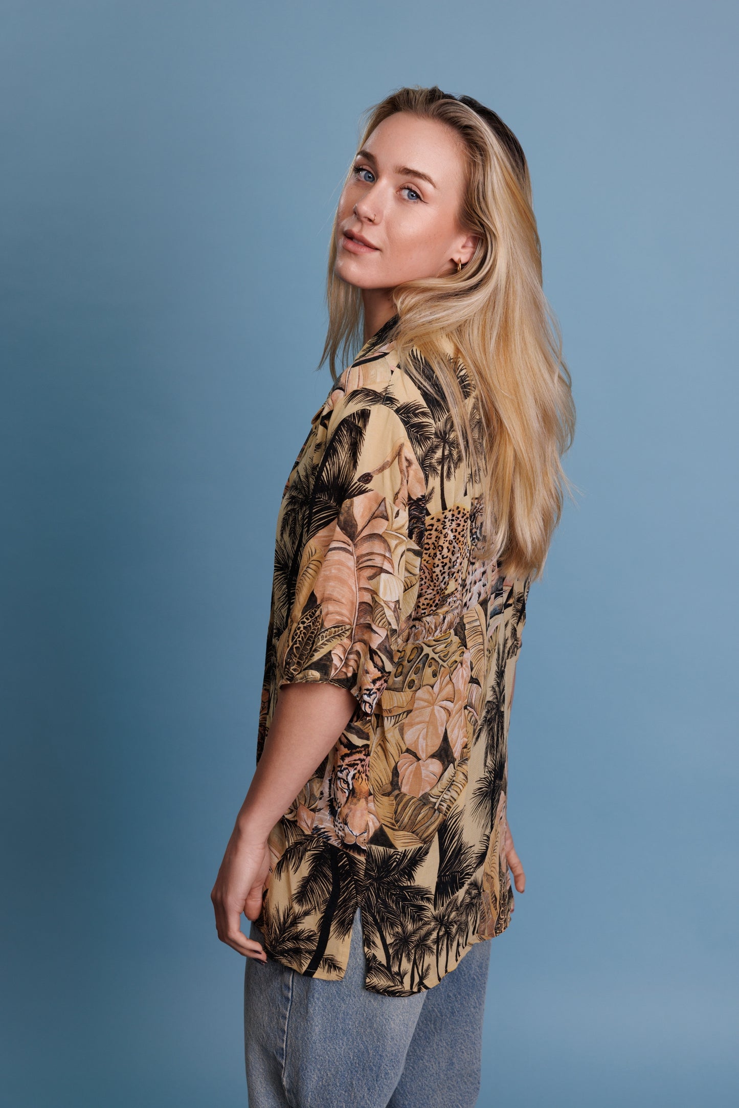 70's Jungle Print Sheer Shirt L