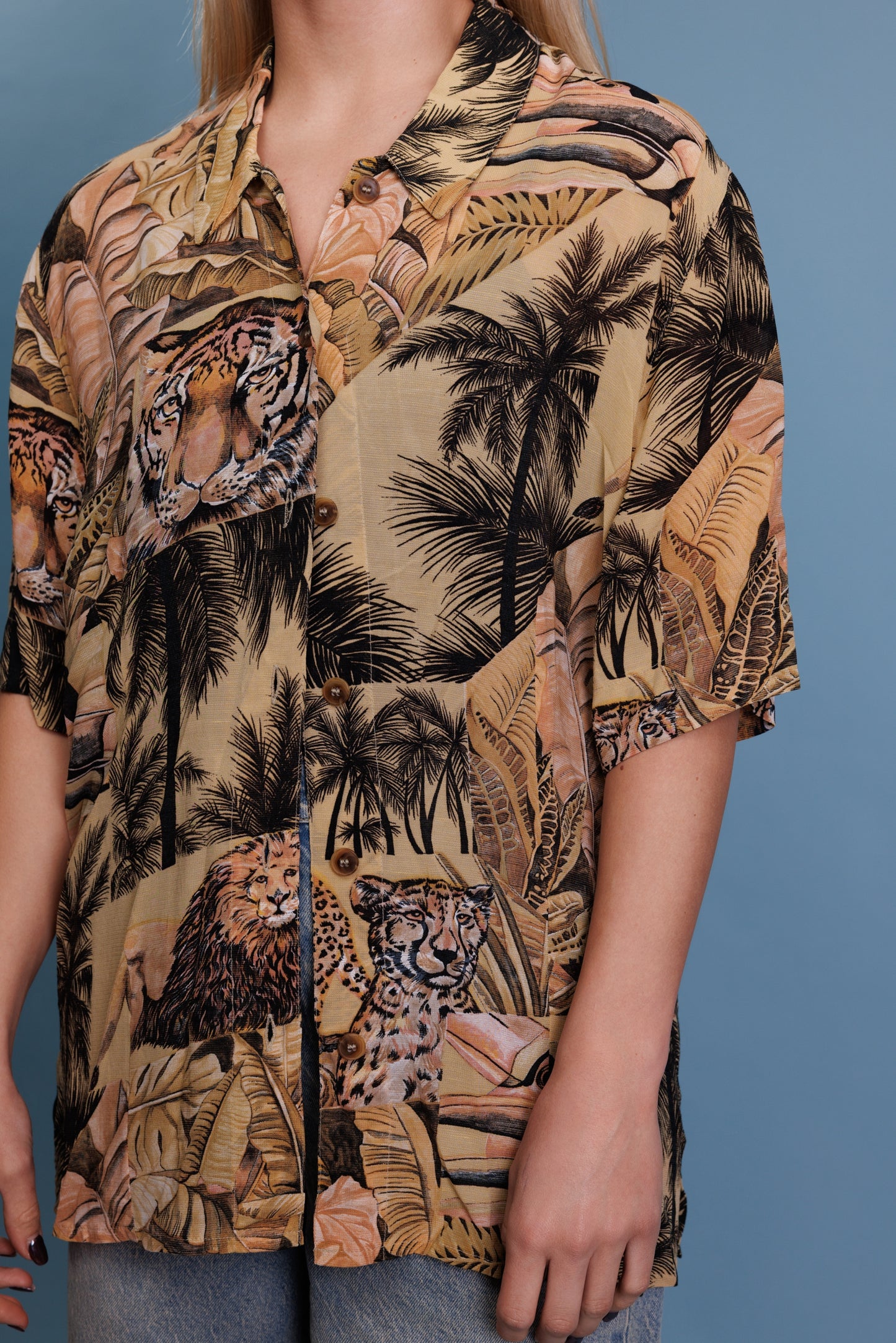 70's Jungle Print Sheer Shirt L