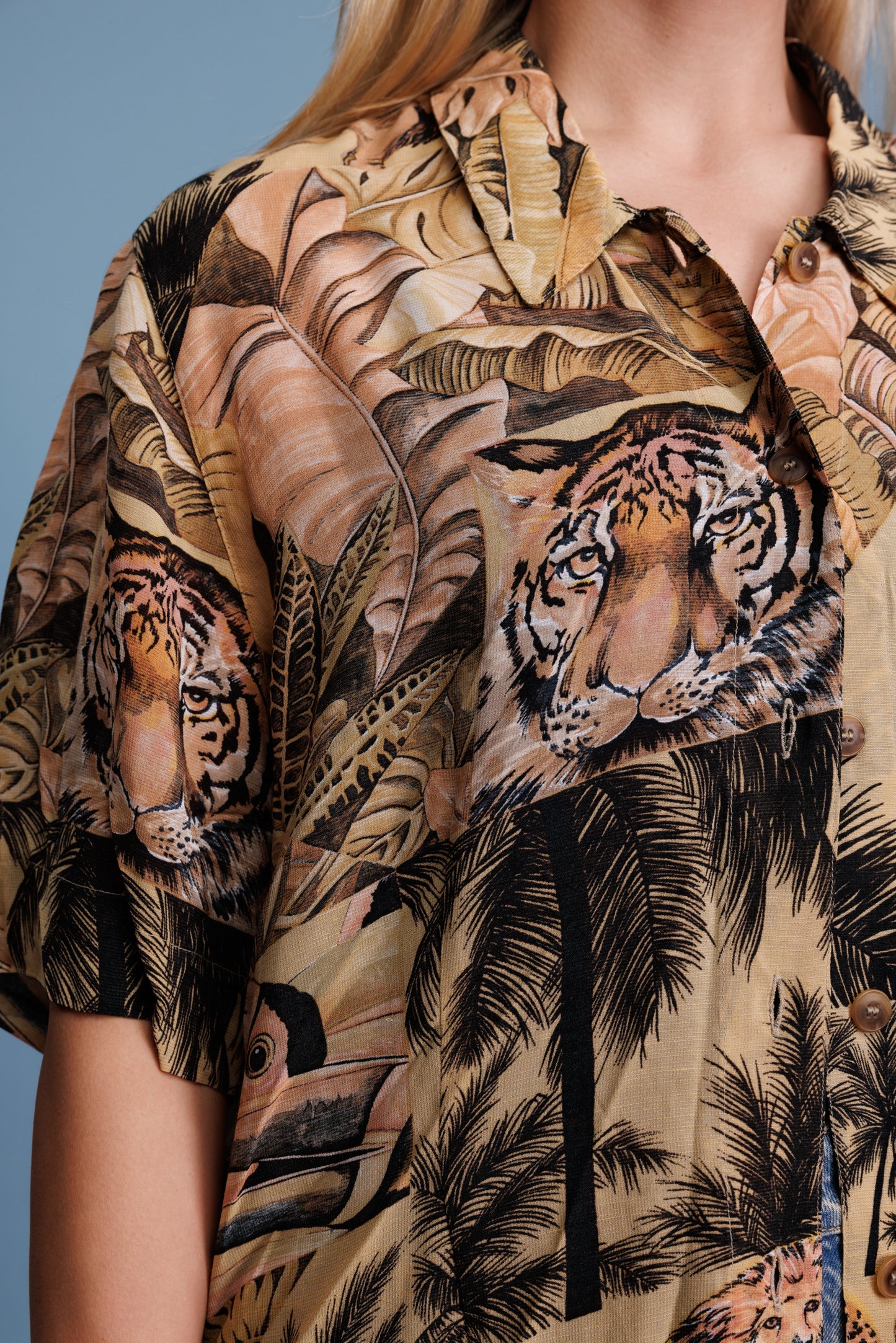70's Jungle Print Sheer Shirt L