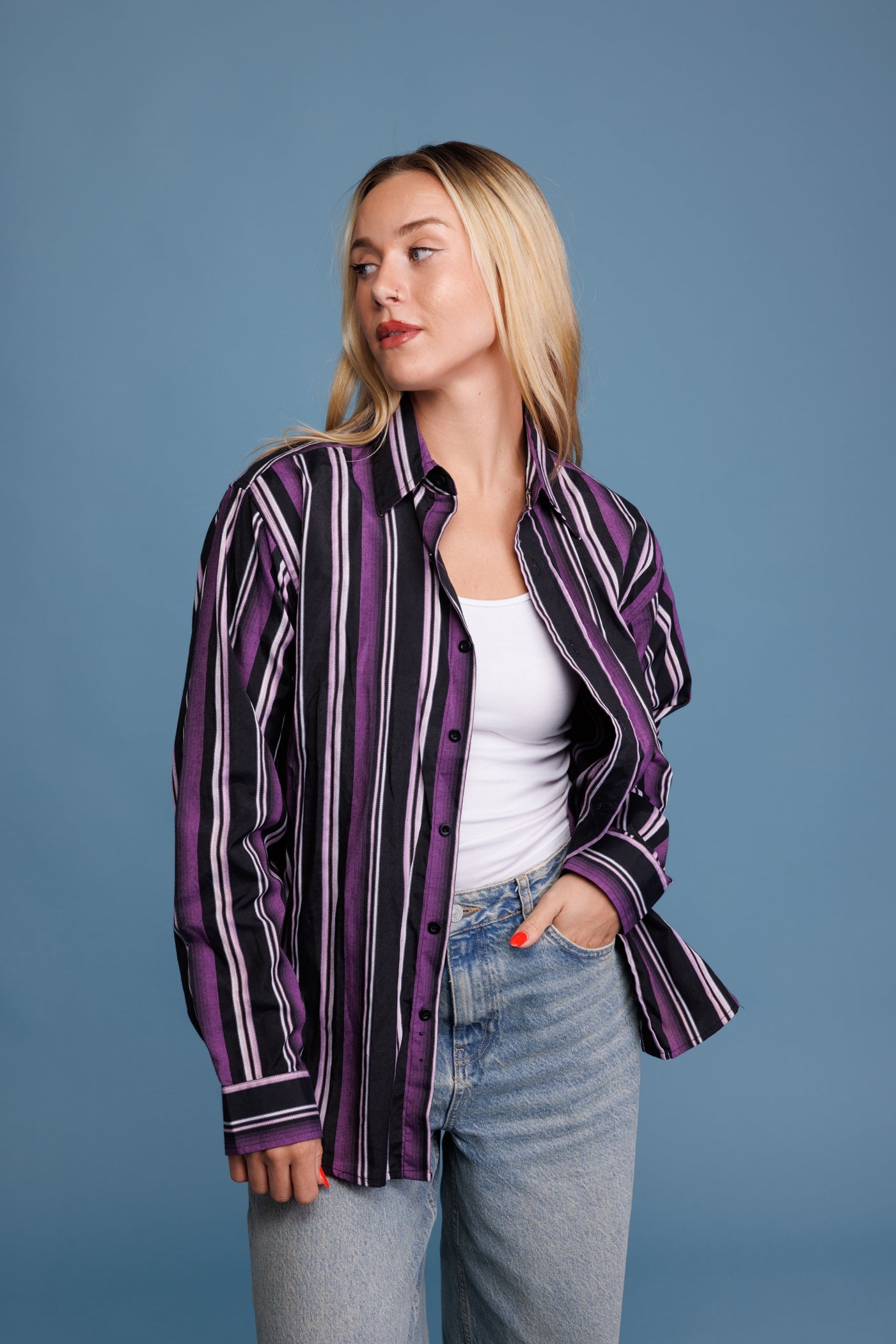 00’s Deadstock Purple Striped Shirt S/M