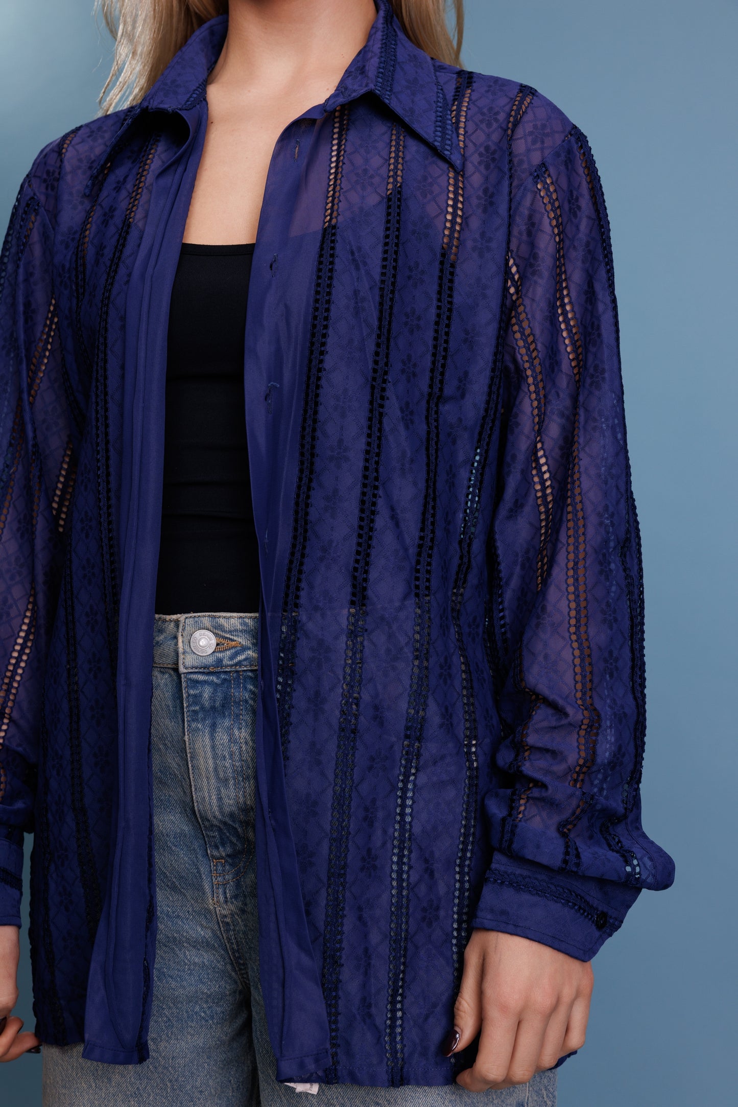 70's Broiderie Blue Blouse M/L