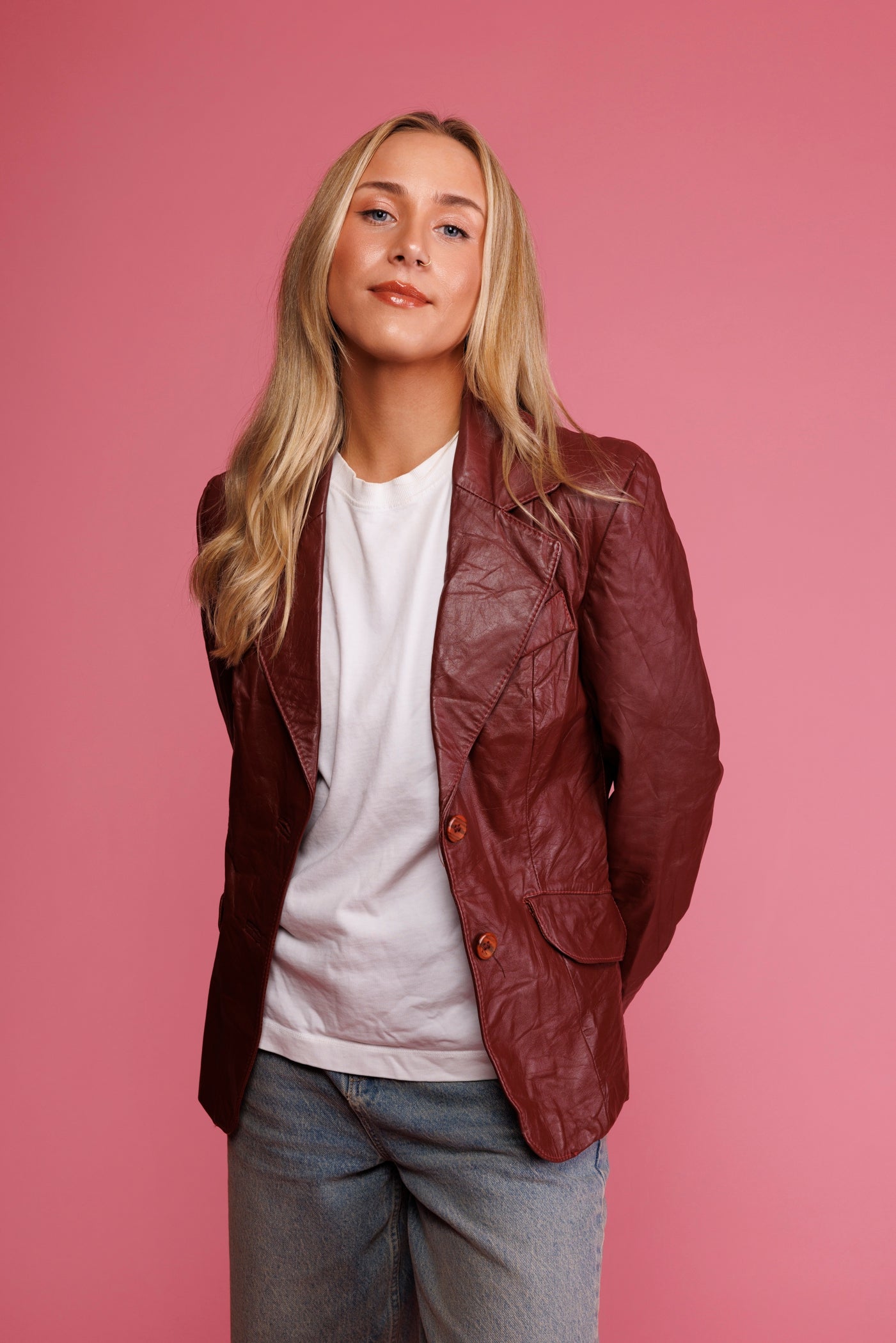 70's Burgundy Leather Blazer Jacket S/M