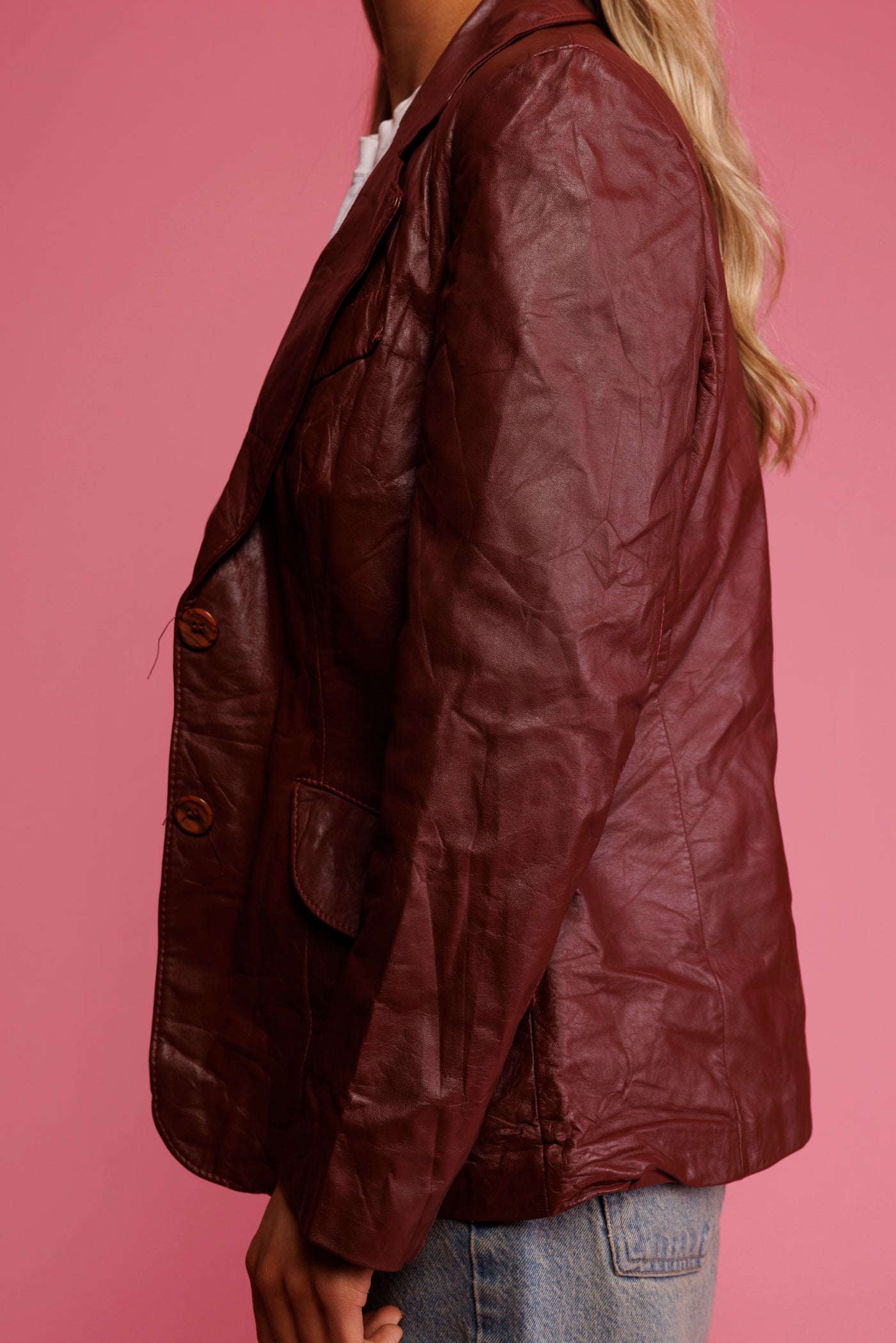 70's Burgundy Leather Blazer Jacket S/M
