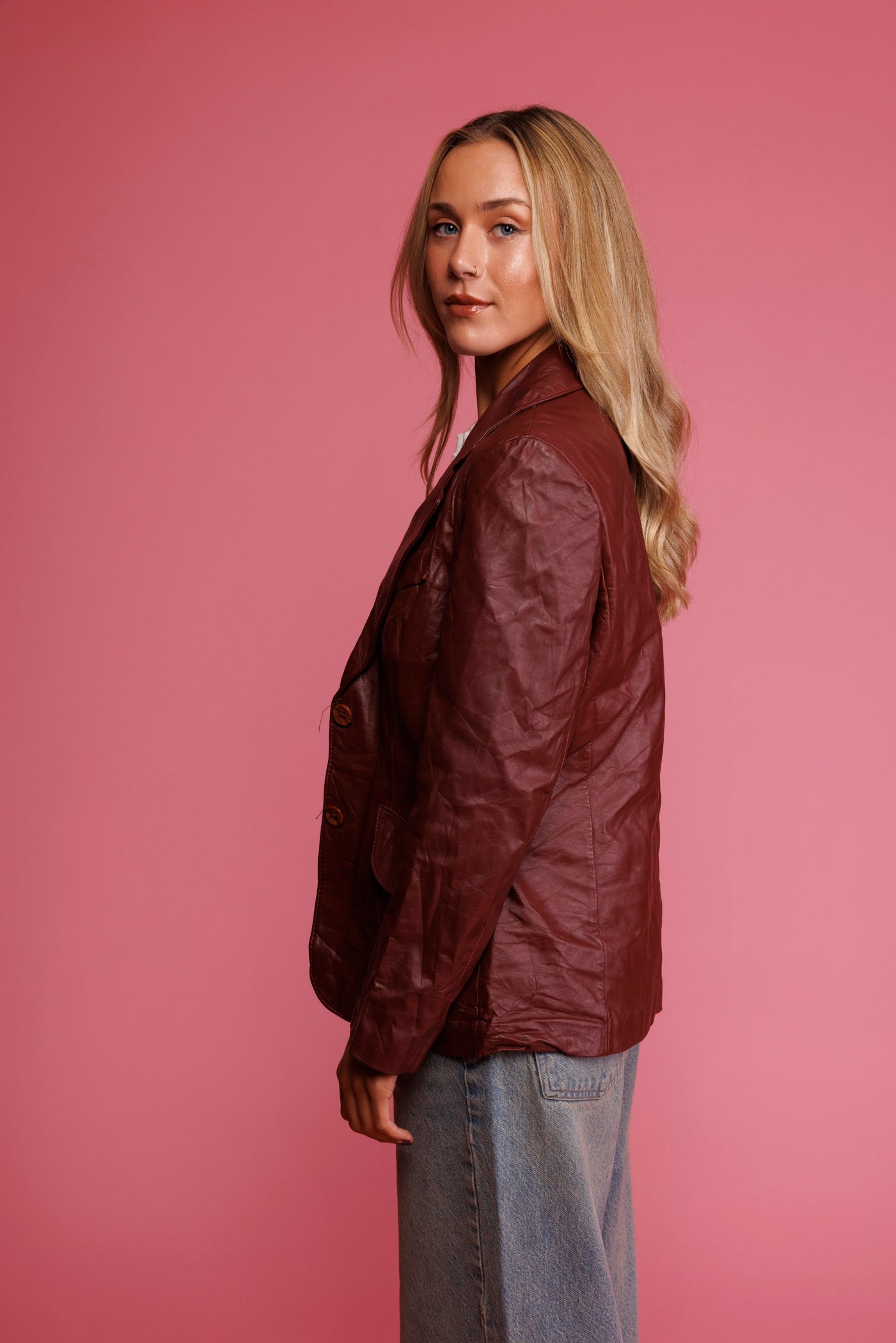 70's Burgundy Leather Blazer Jacket S/M