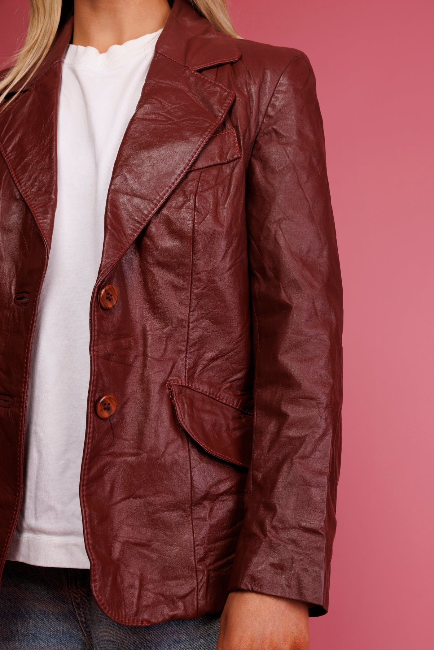 70's Burgundy Leather Blazer Jacket S/M