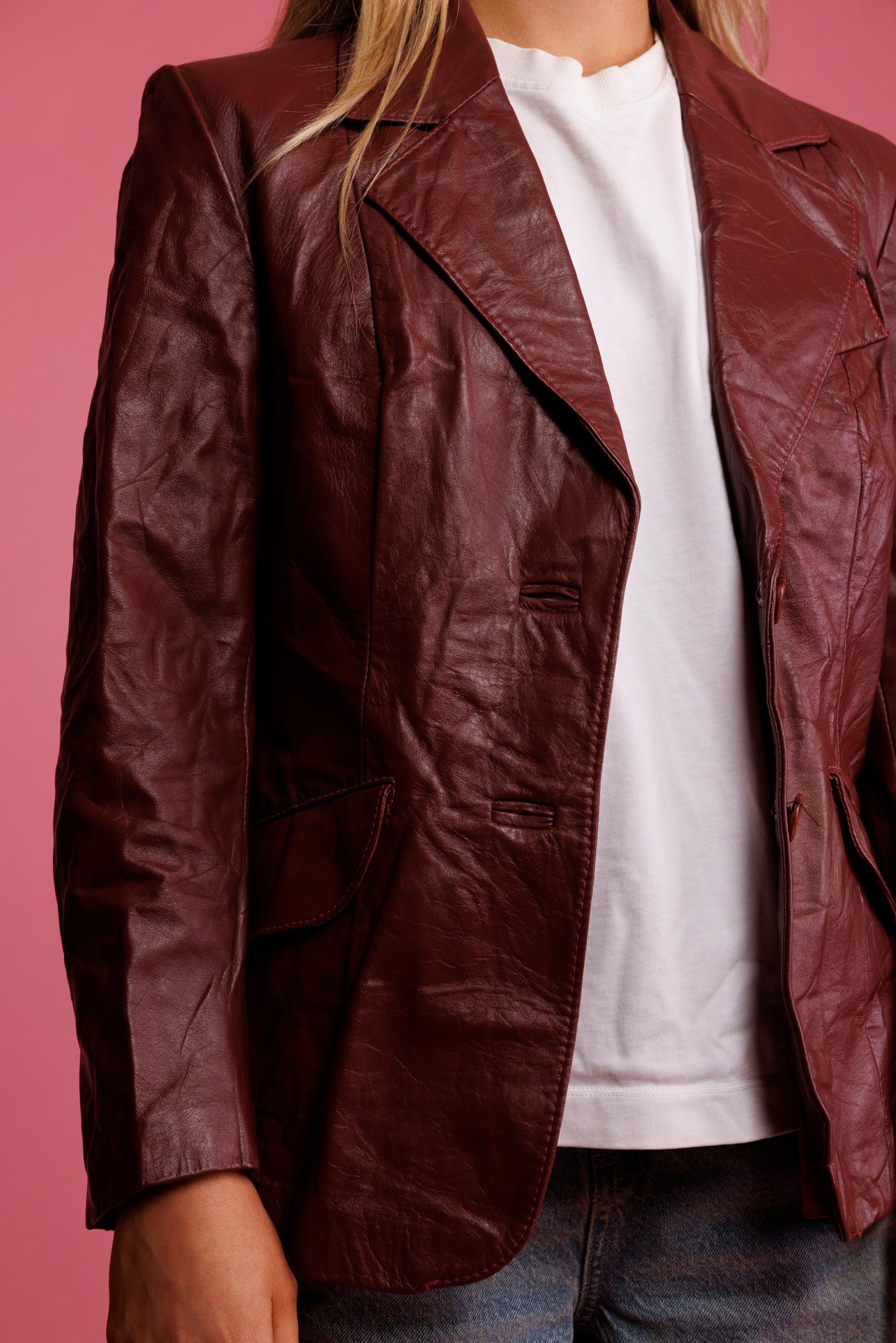70's Burgundy Leather Blazer Jacket S/M