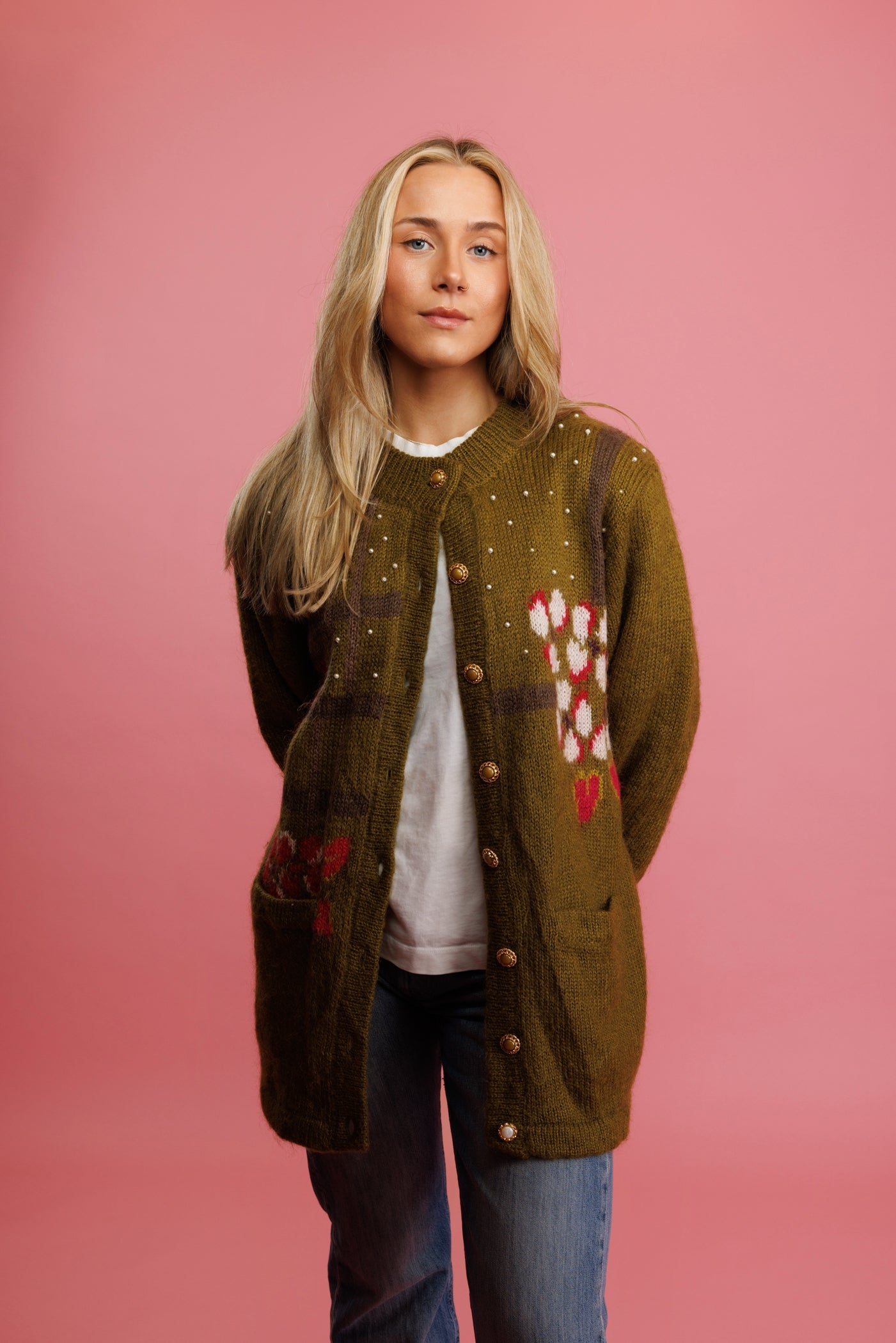 1980's Chartruese Floral Mohair Fluffy Cardi M