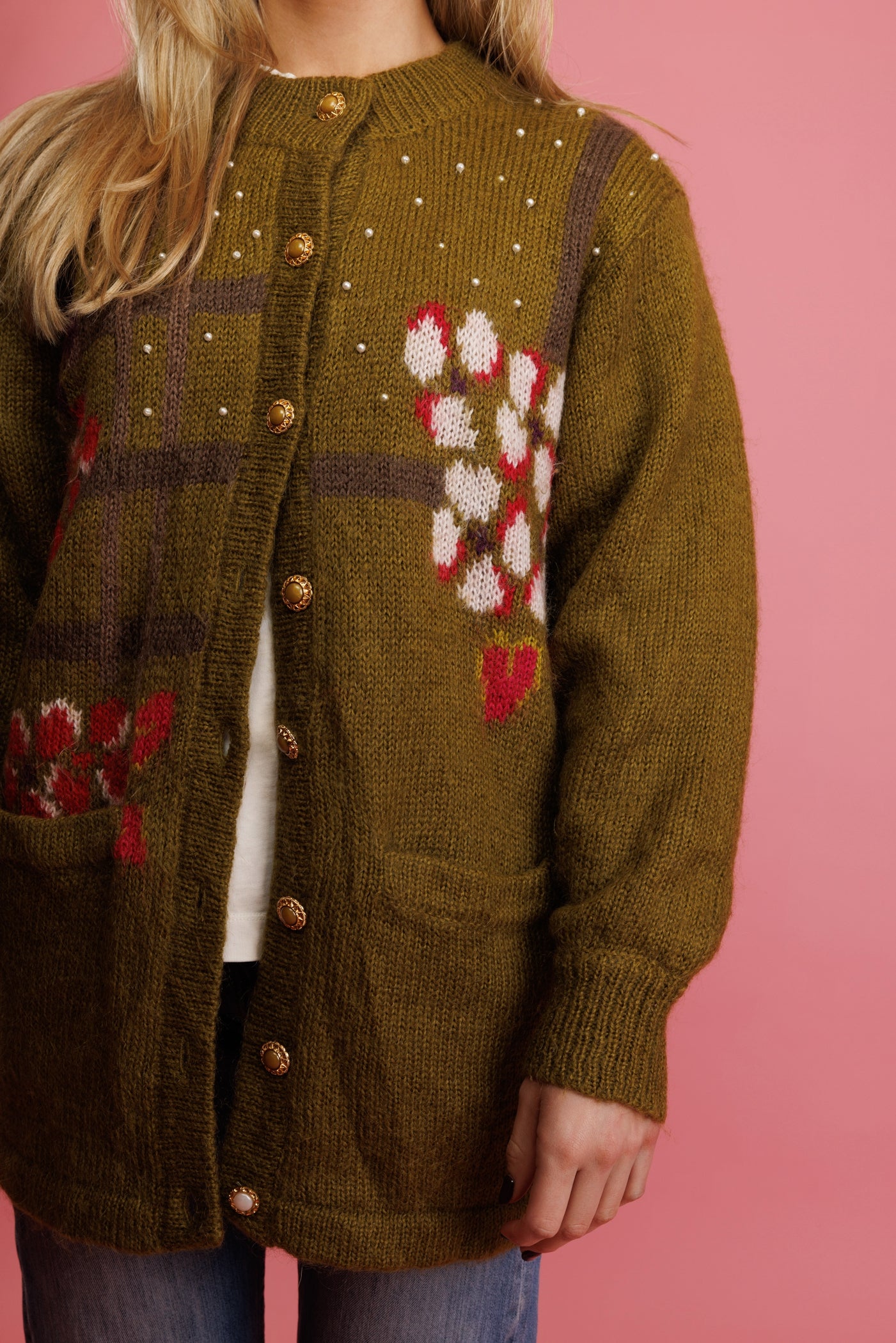 1980's Chartruese Floral Mohair Fluffy Cardi M