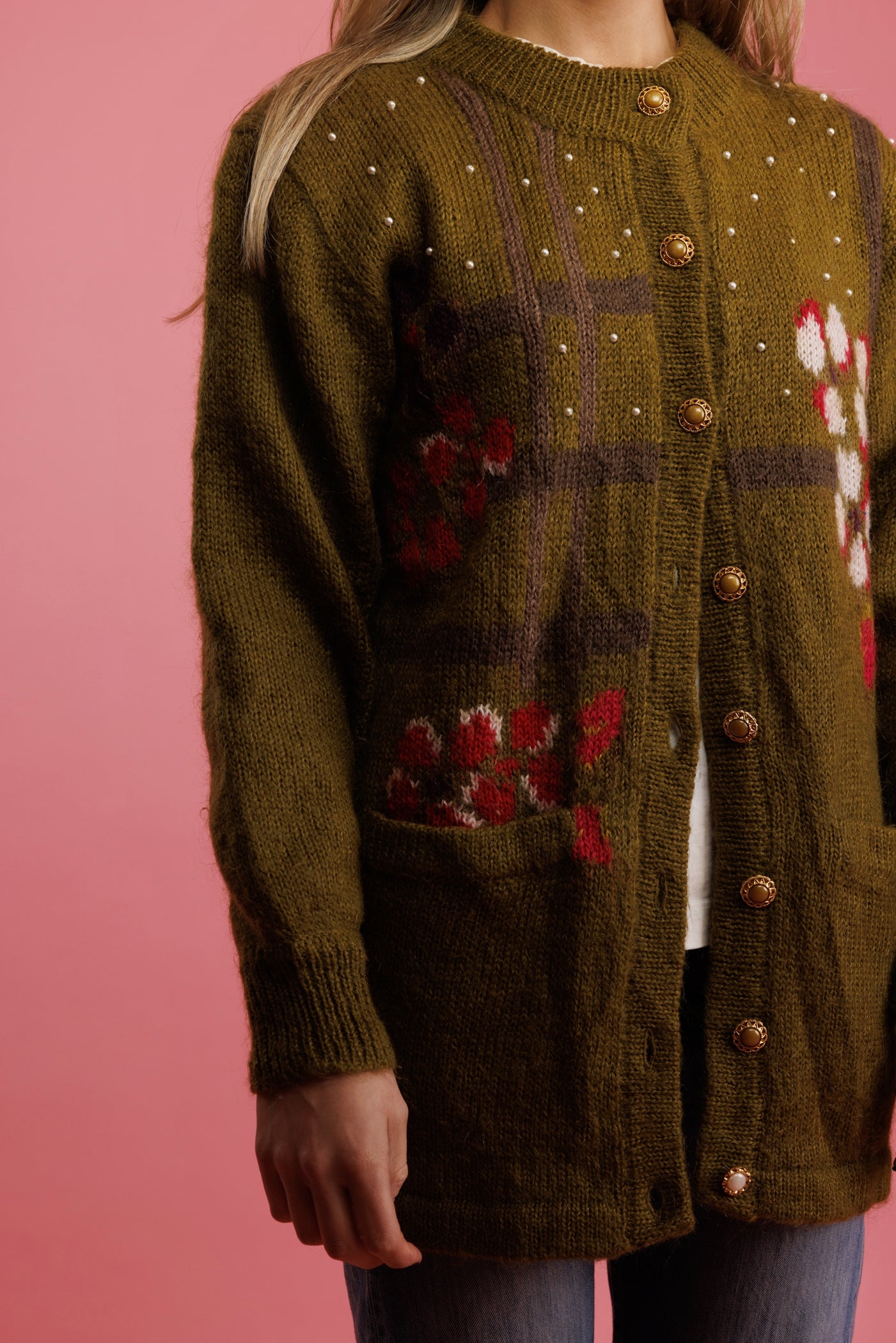 1980's Chartruese Floral Mohair Fluffy Cardi M