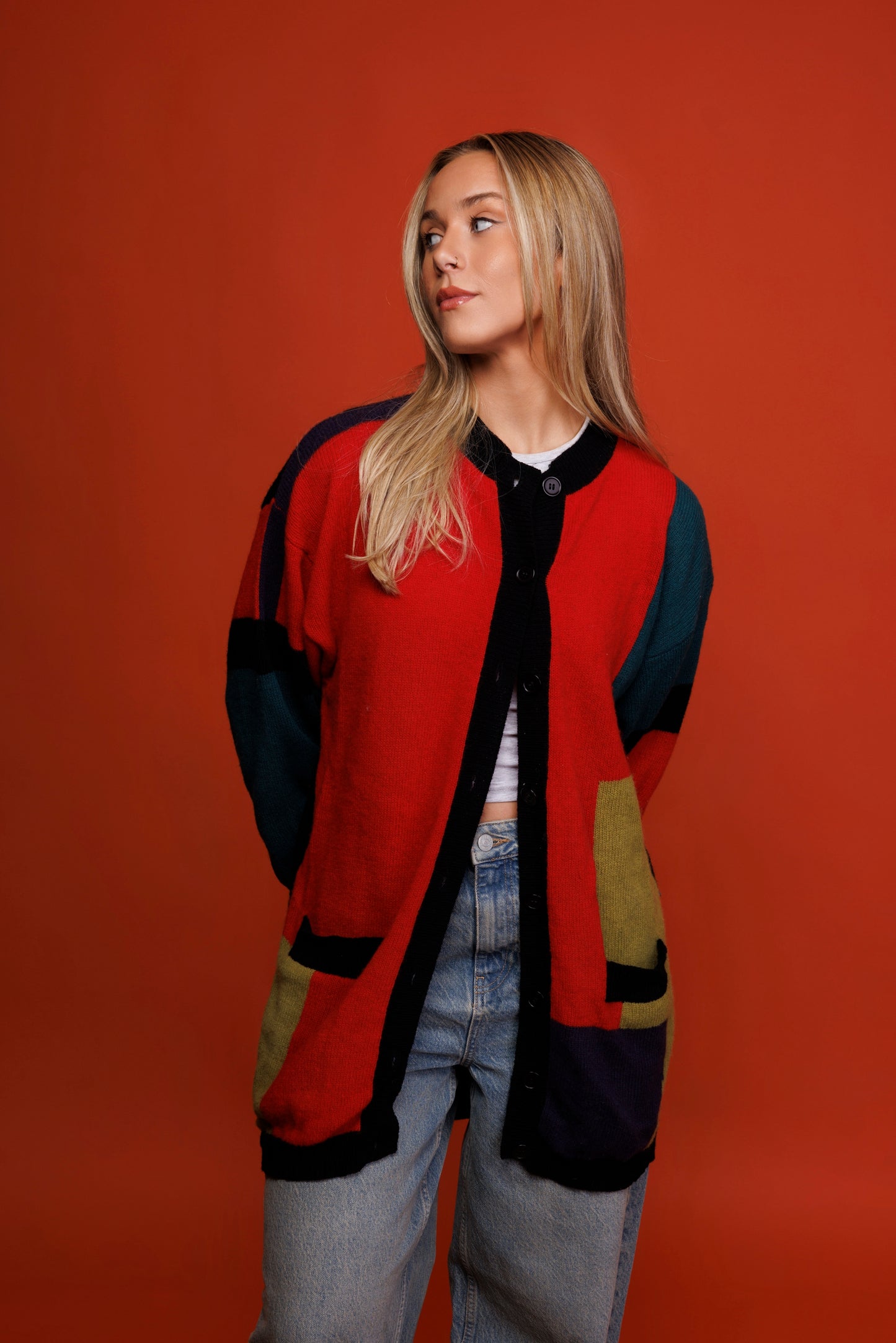 80's Block Colour Longline Cardigan M