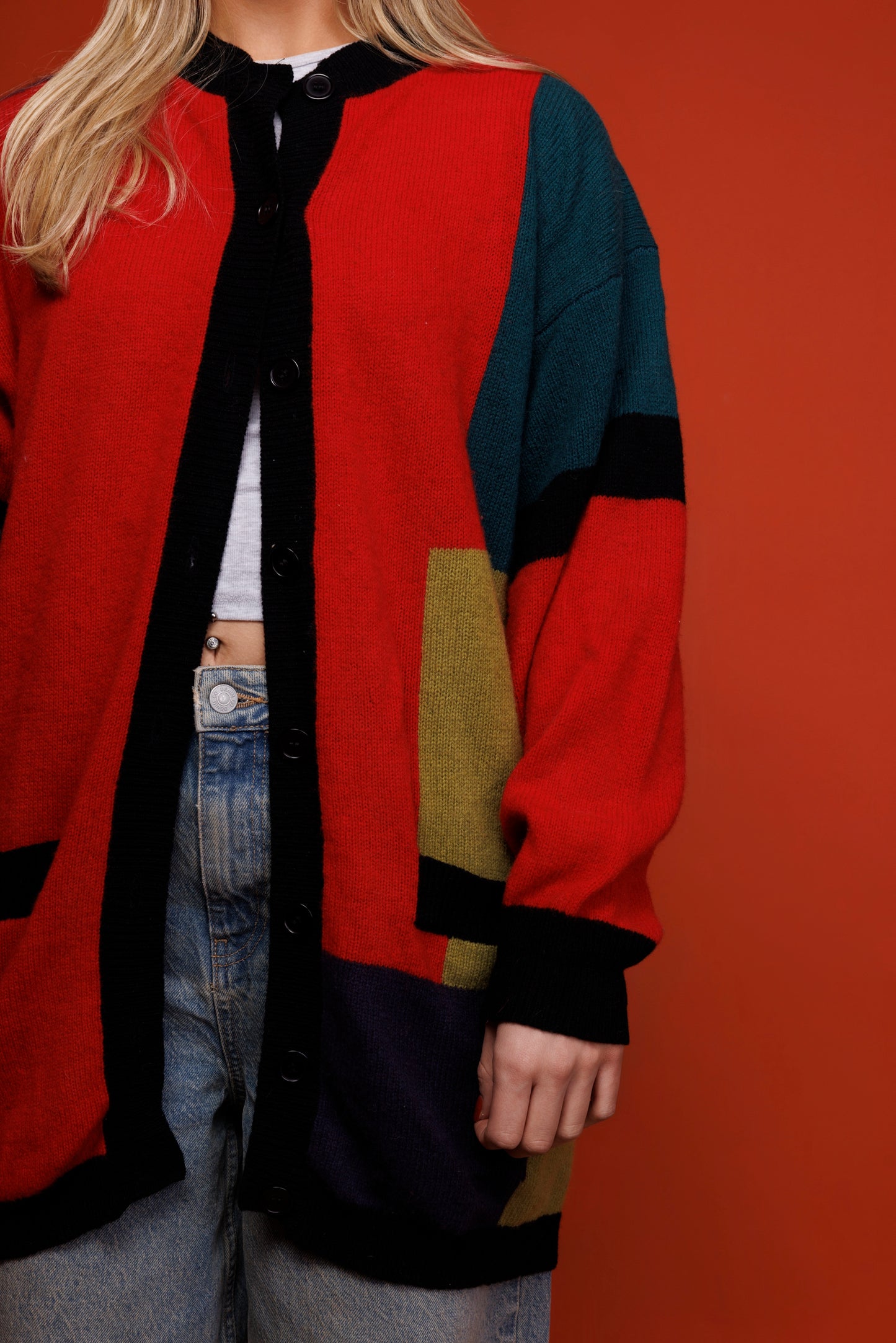 80's Block Colour Longline Cardigan M