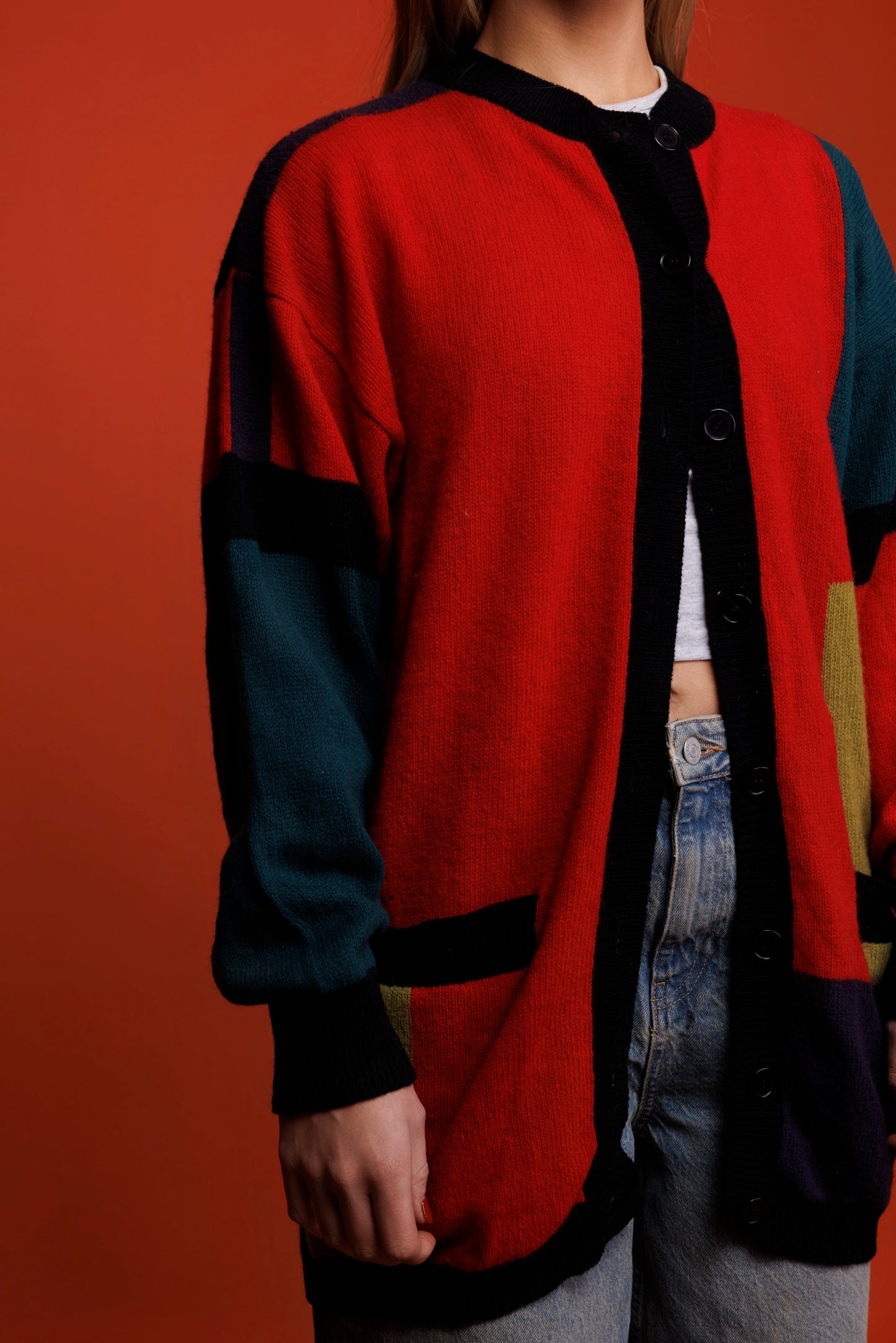 80's Block Colour Longline Cardigan M