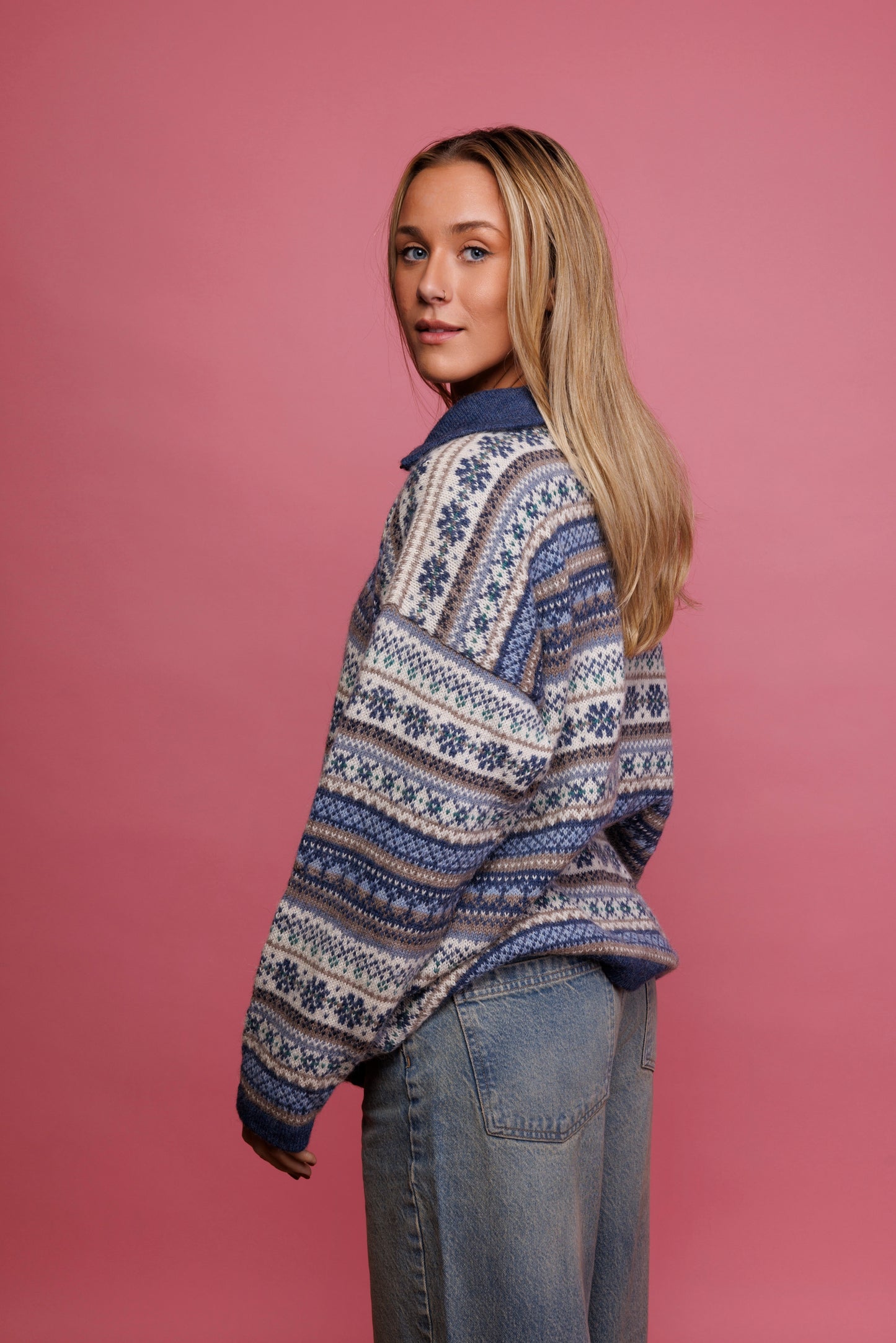 80's Fairisle HalfZip Blue Knit Jumper M/L