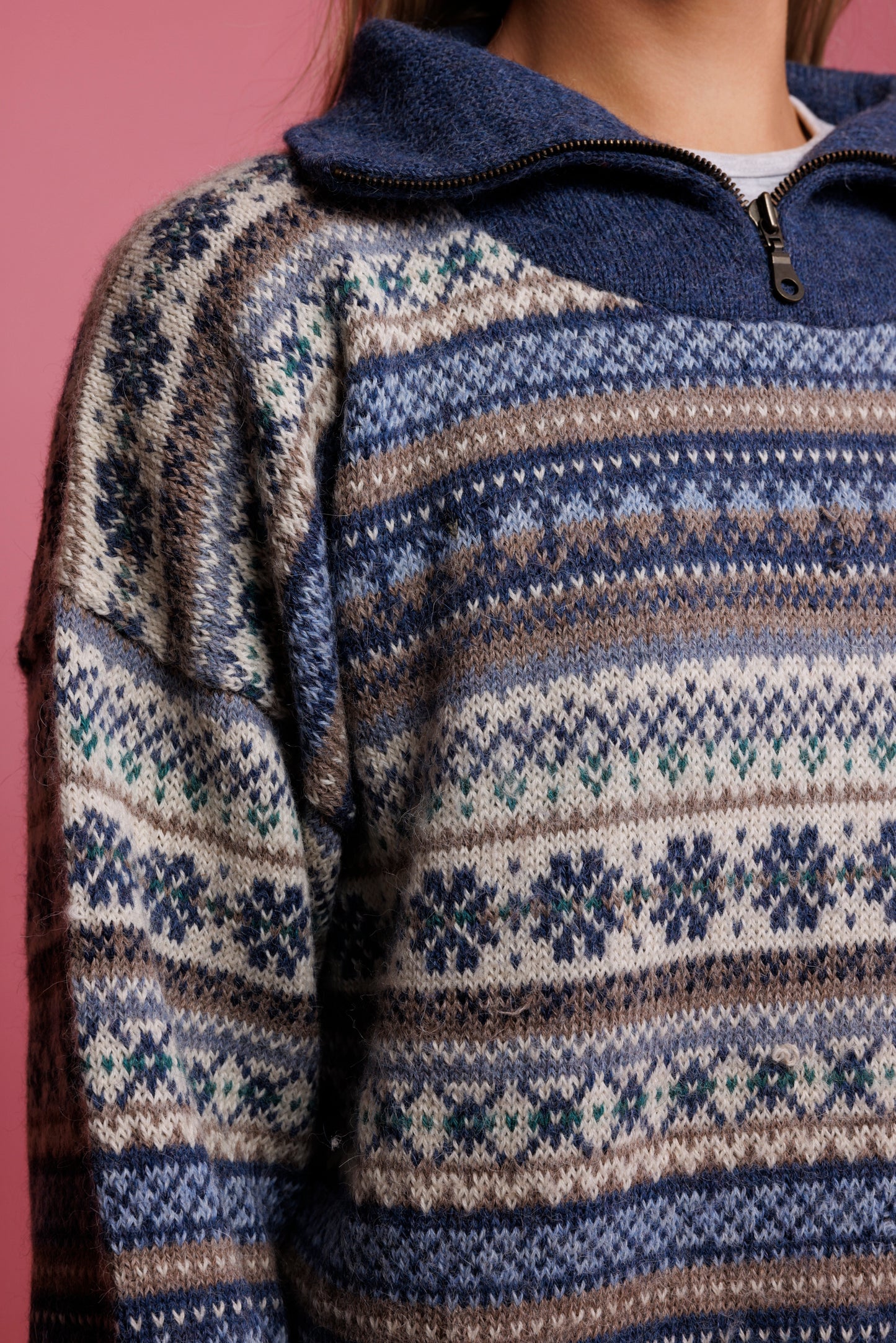 80's Fairisle HalfZip Blue Knit Jumper M/L