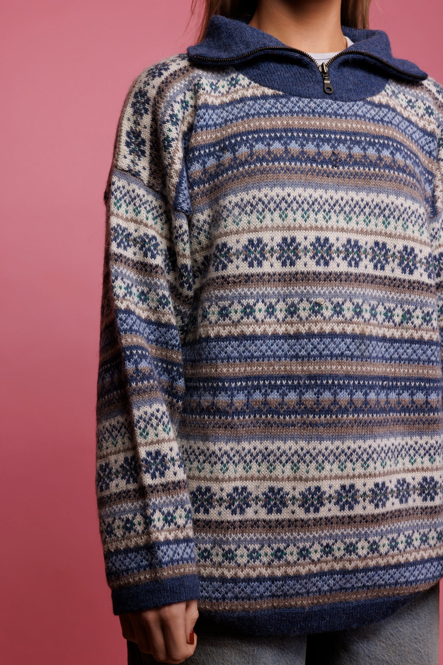 80's Fairisle HalfZip Blue Knit Jumper M/L