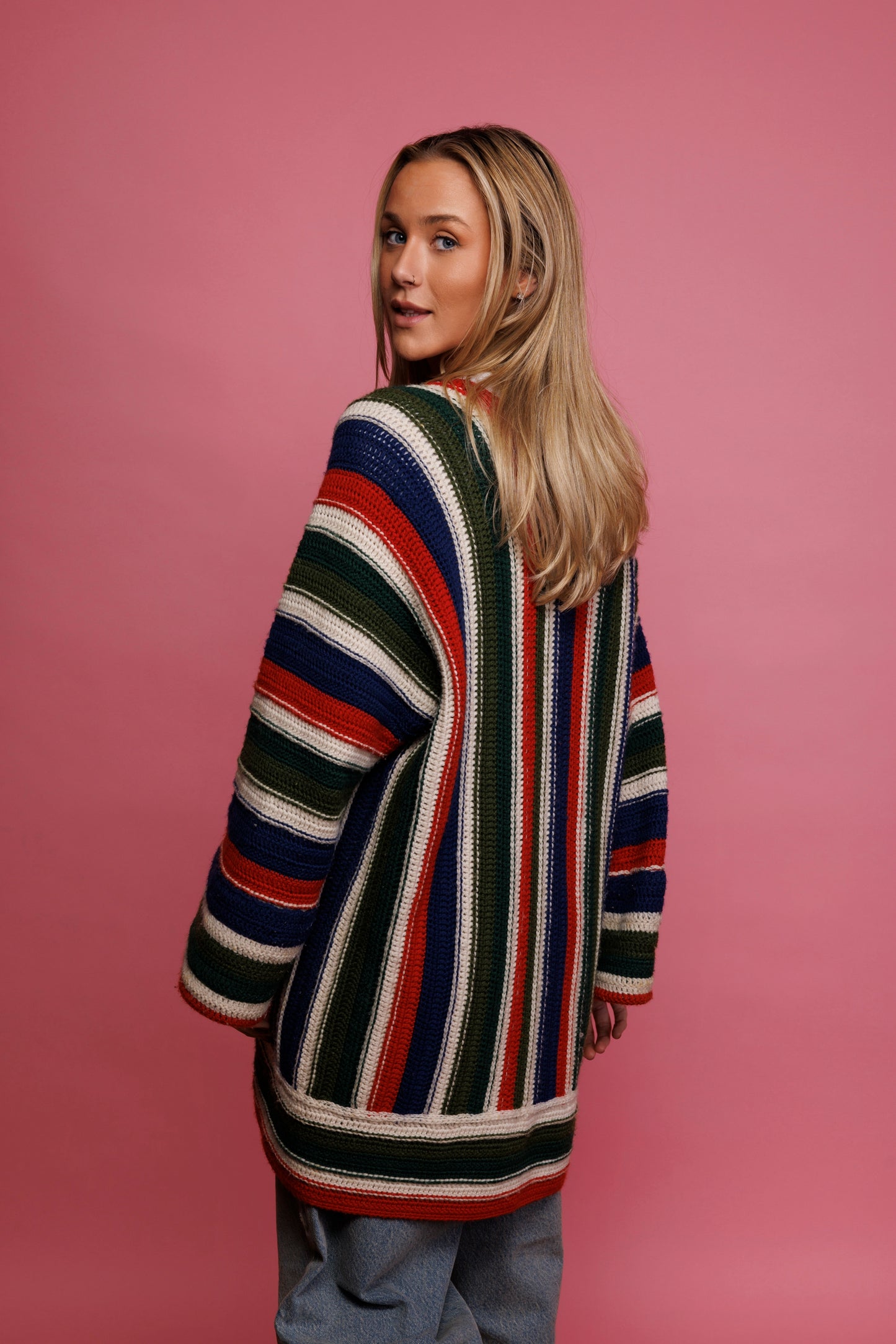 70's Handcrocheted Striped Cardigan M