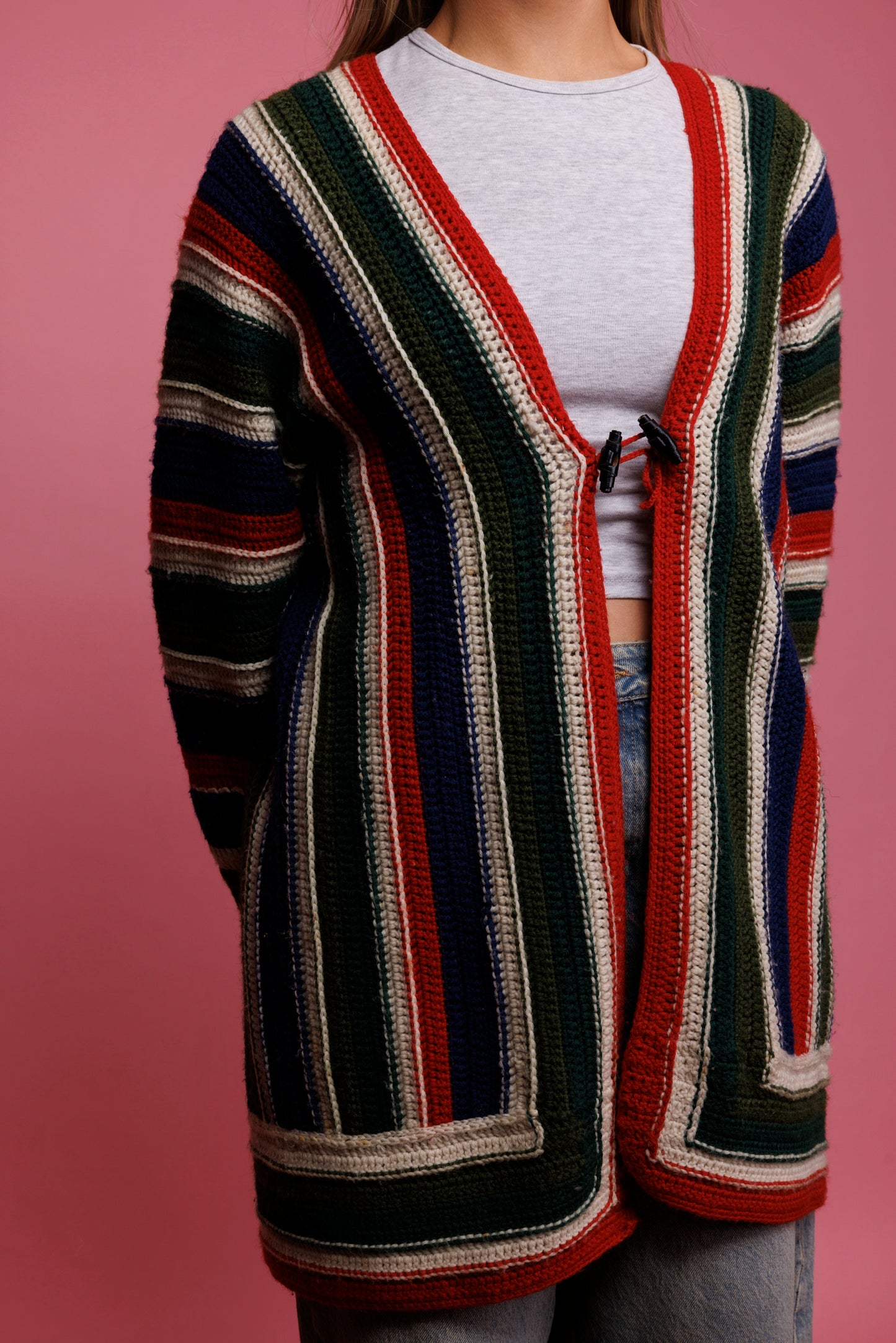70's Handcrocheted Striped Cardigan M